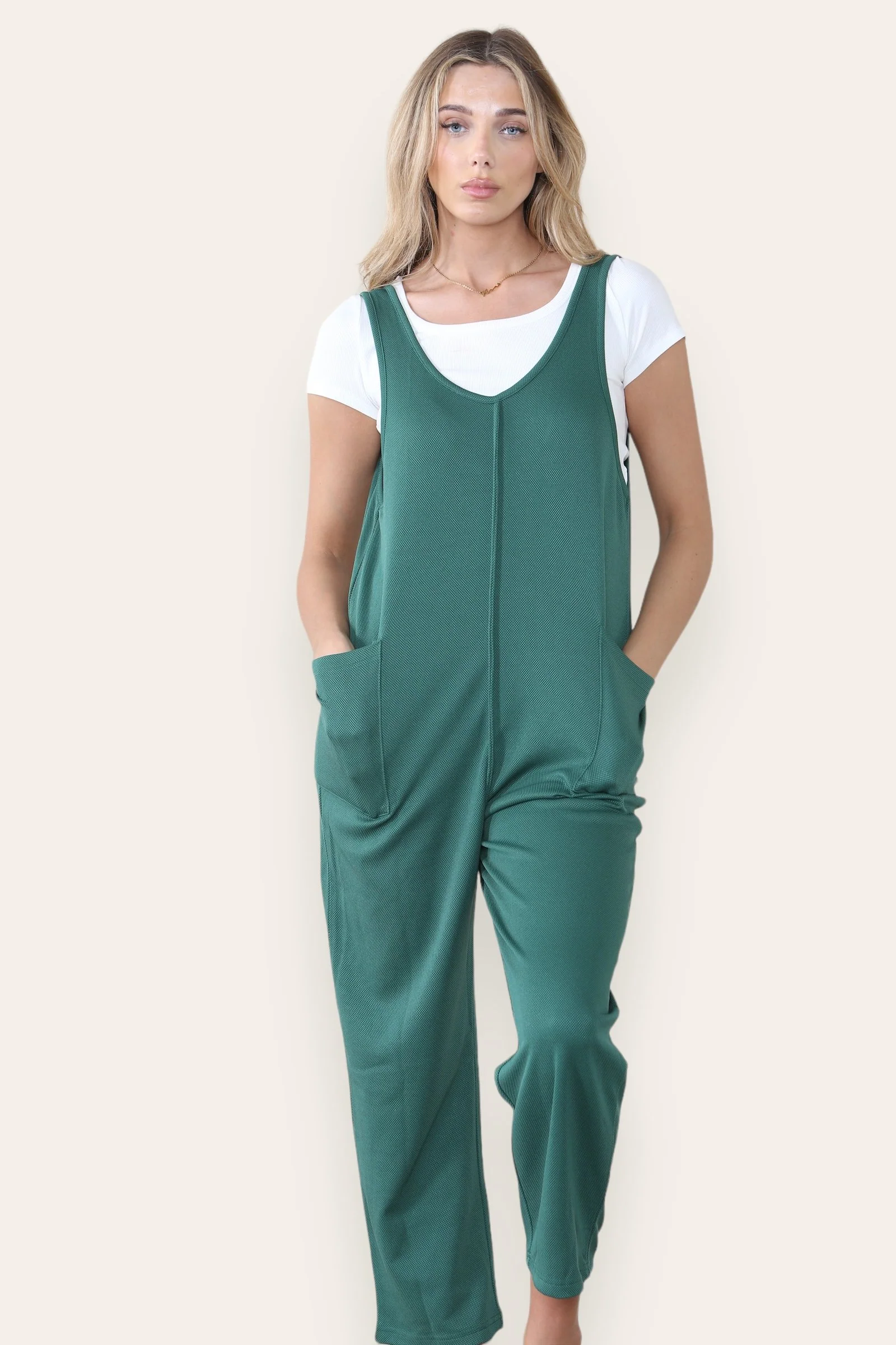 Athleisure Plain V Neck Sleeveless Pocket Baggy Jumpsuit - Image 10