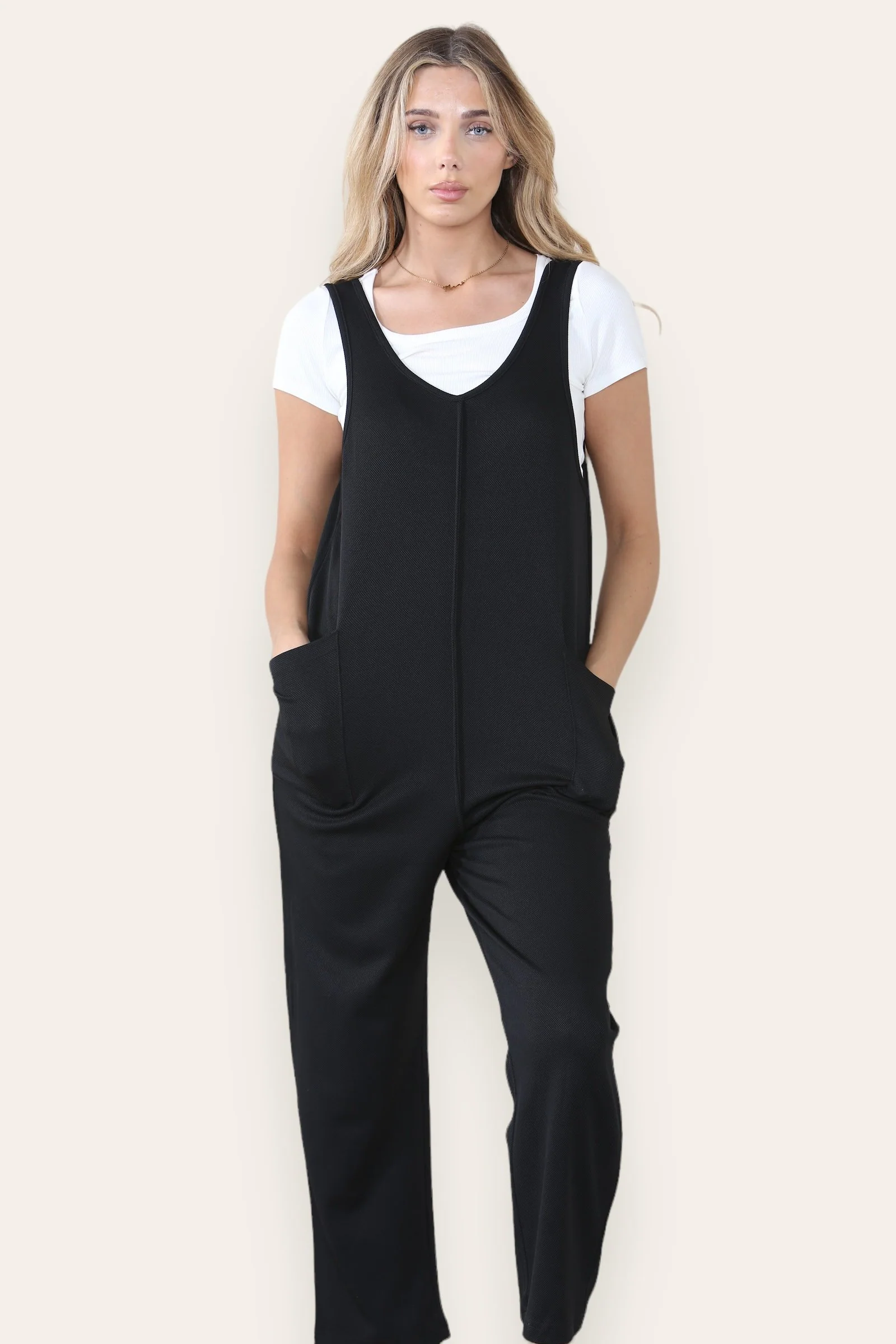 Athleisure Plain V Neck Sleeveless Pocket Baggy Jumpsuit - Image 5