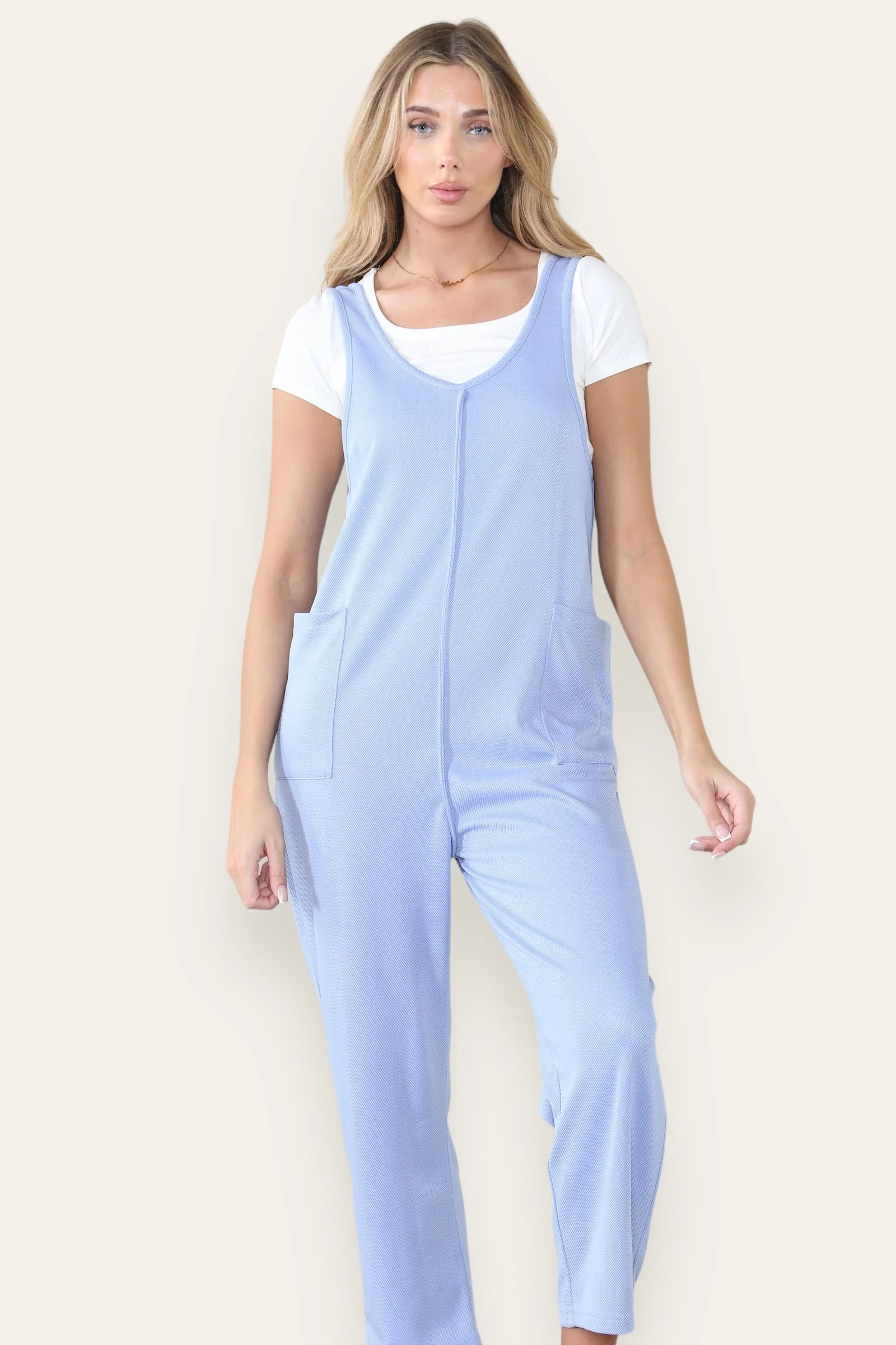 Athleisure Plain V Neck Sleeveless Pocket Baggy Jumpsuit - Image 6