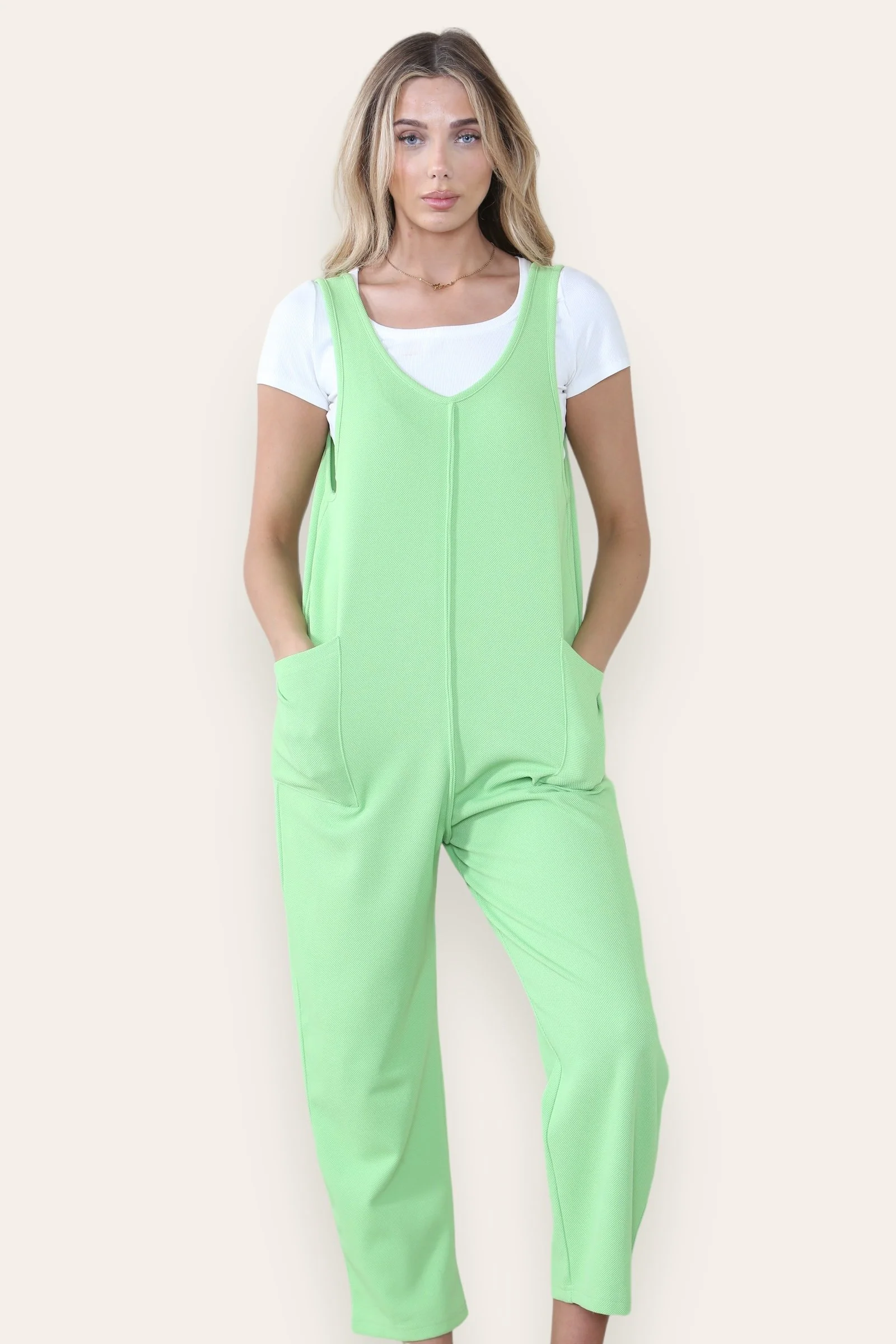 Athleisure Plain V Neck Sleeveless Pocket Baggy Jumpsuit - Image 8