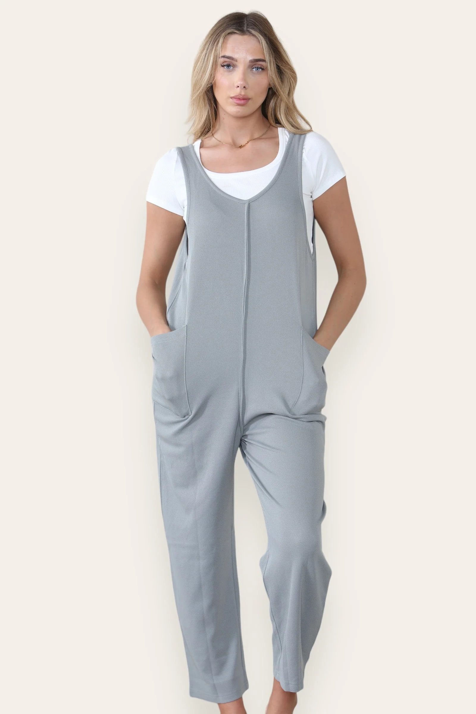 Athleisure Plain V Neck Sleeveless Pocket Baggy Jumpsuit - Image 9