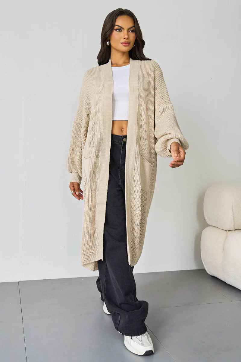 Casual Knit Puff Sleeve Loose Open-Front Cardigan - Image 4