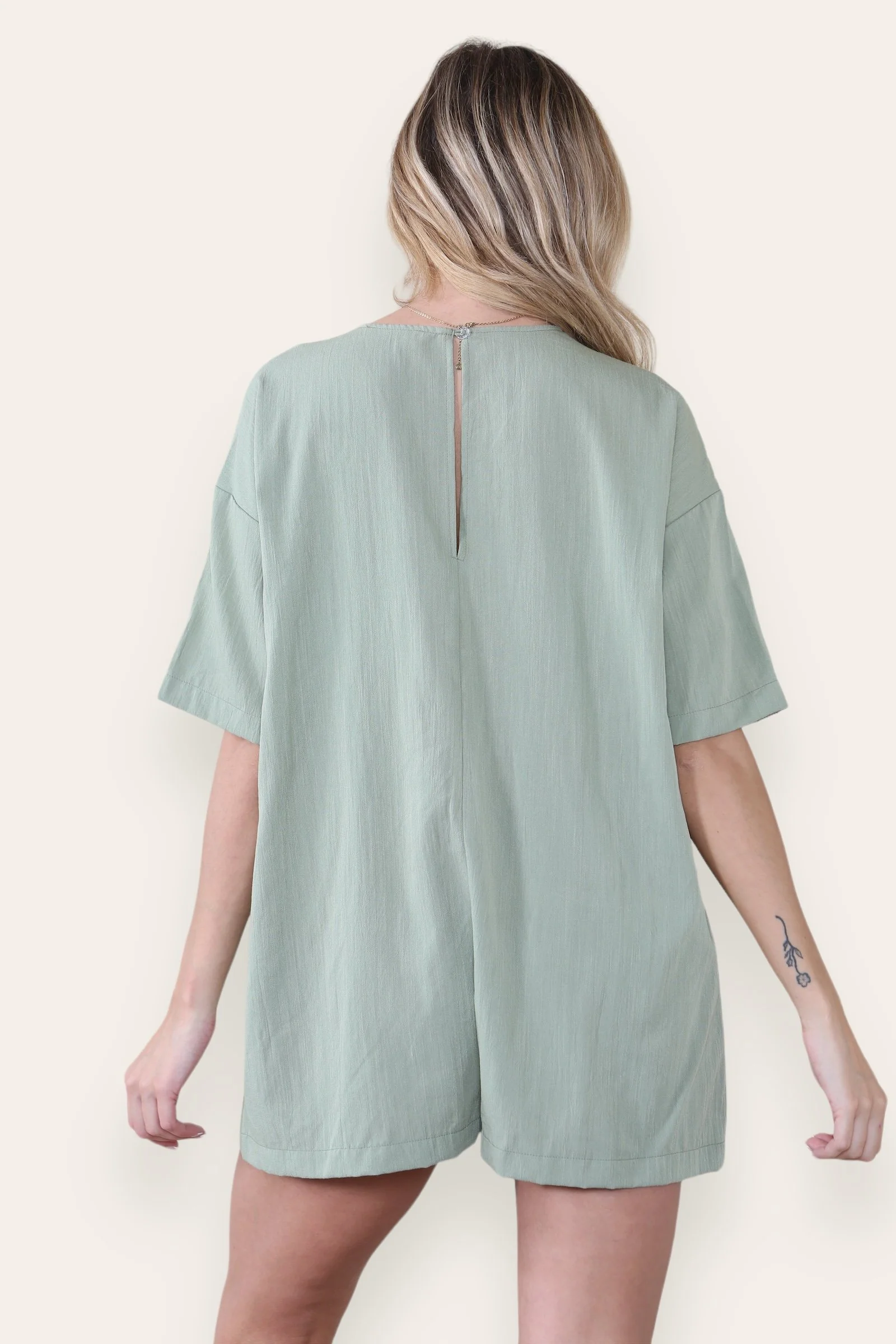 Casual Plain V Neck Half Sleeve Pocket Loose Playsuit - Image 3