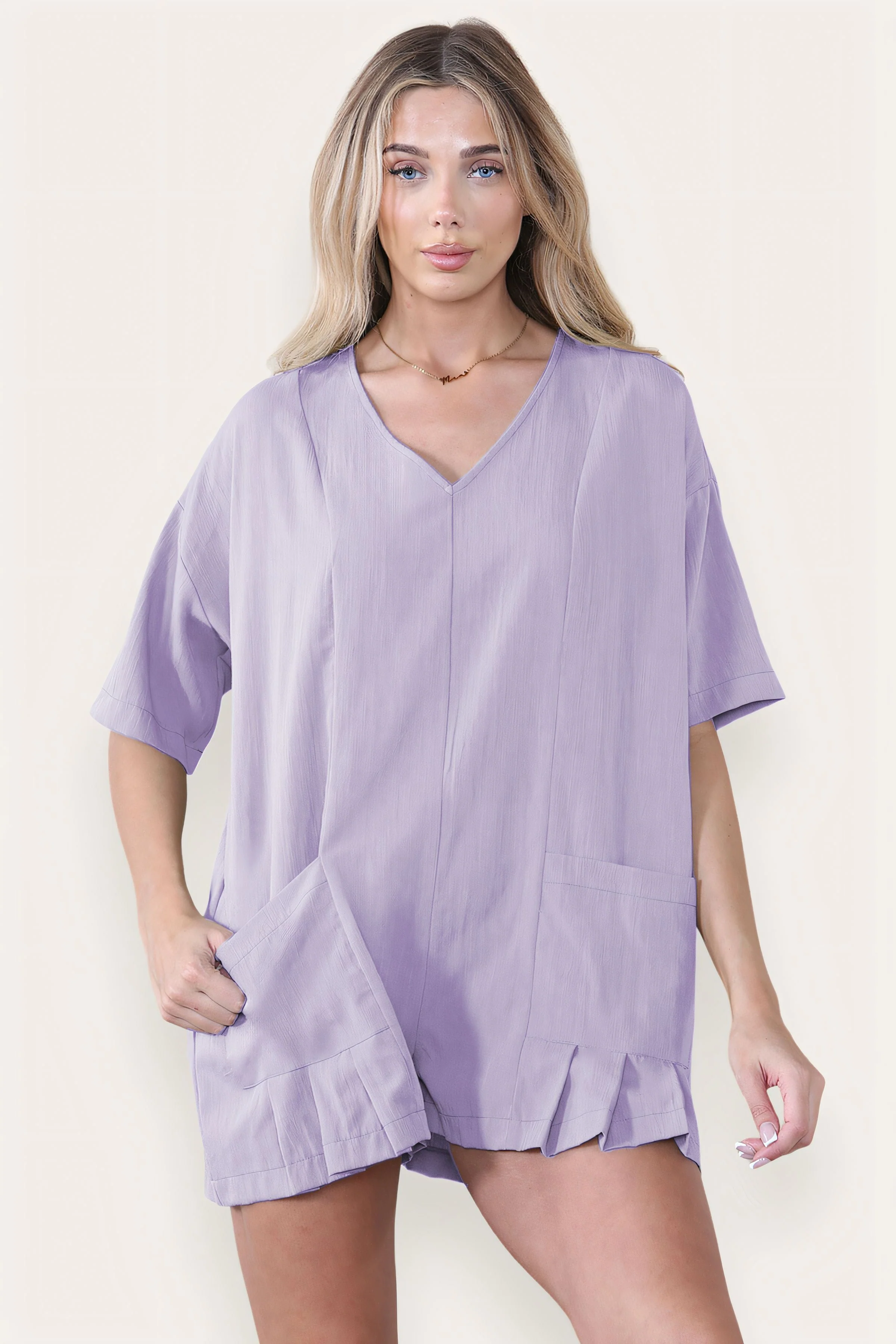 Casual Plain V Neck Half Sleeve Pocket Loose Playsuit - Image 6