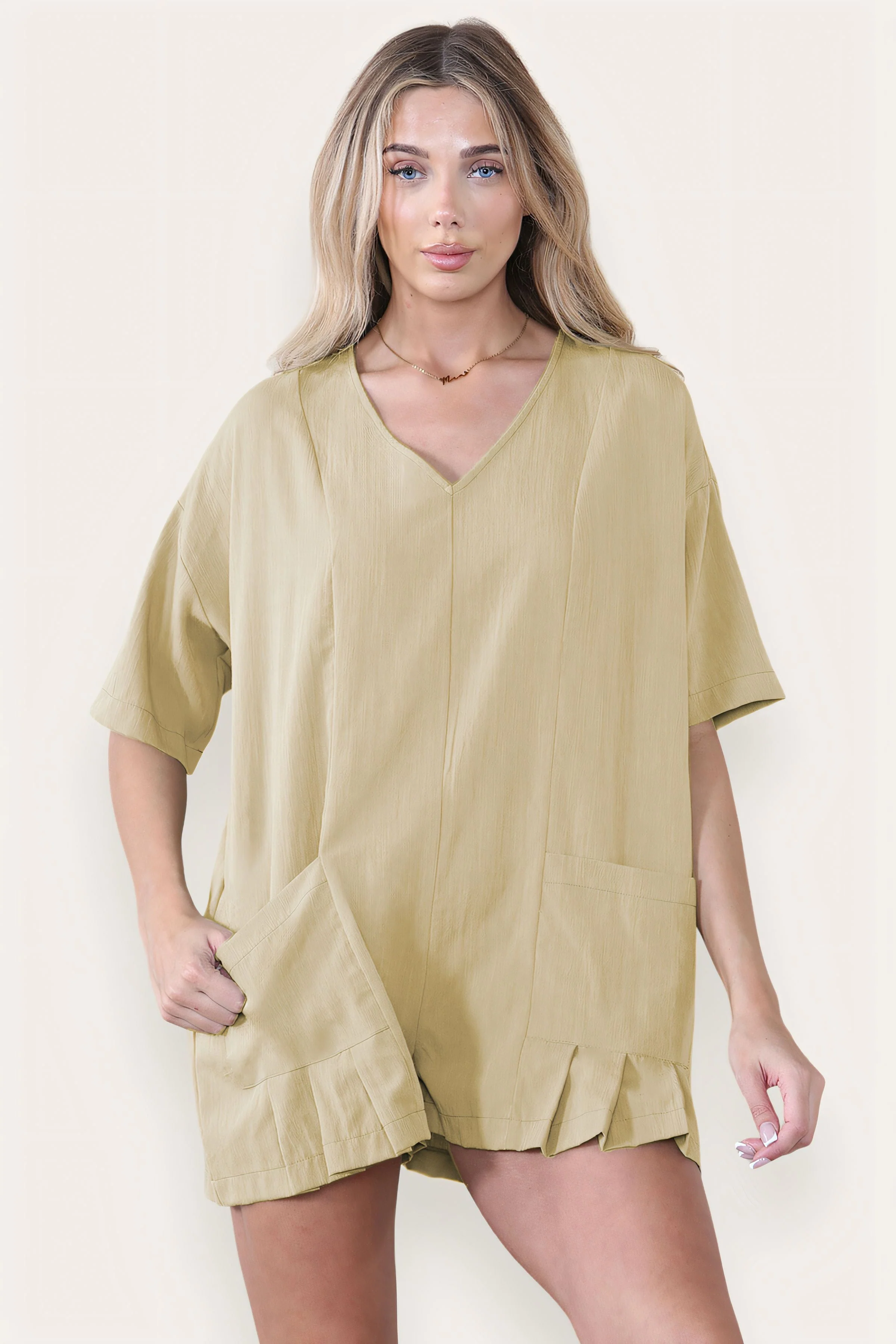 Casual Plain V Neck Half Sleeve Pocket Loose Playsuit - Image 7