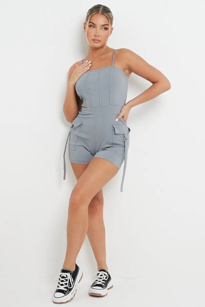 Casual Thin Strap Flap Pocket Slim-Fitting Playsuit - Image 16
