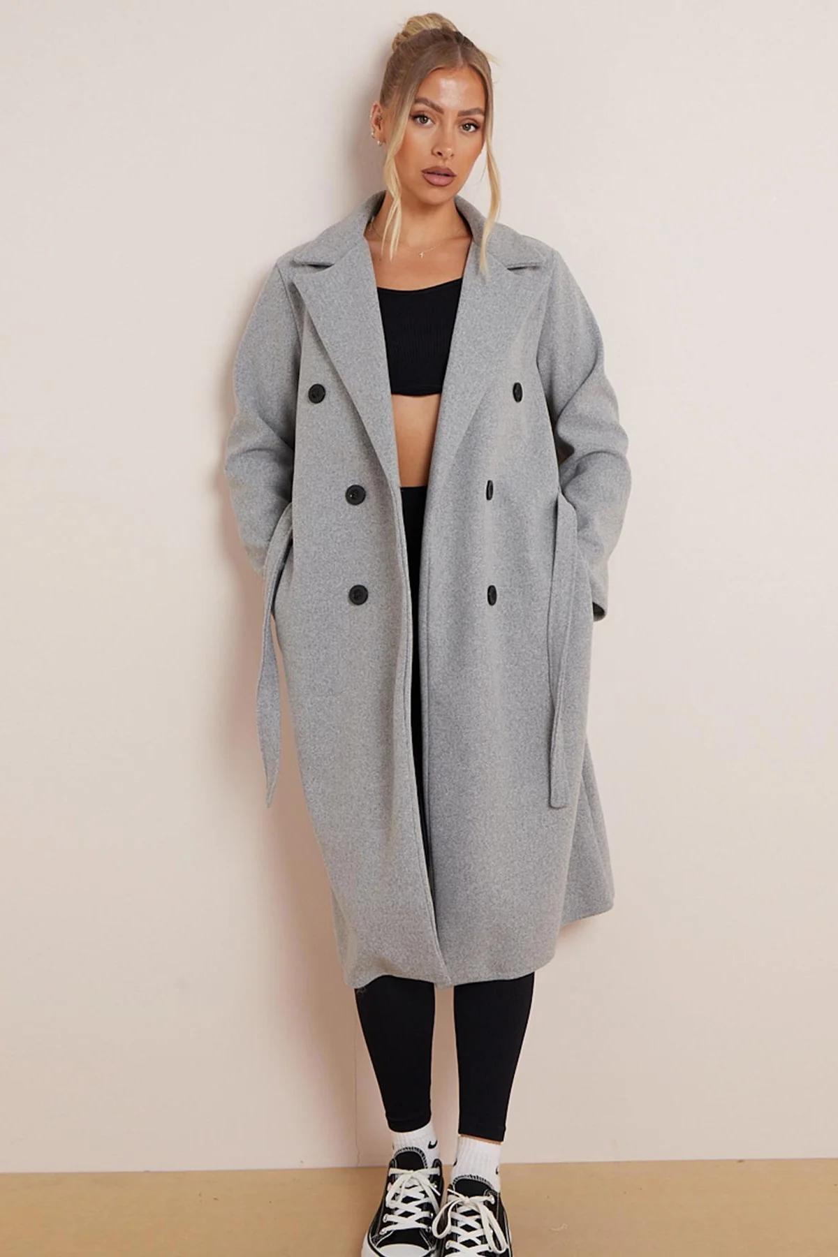 Classy Notch Lapel Double Breasted Waist Tie Thermal Coat - Image 4