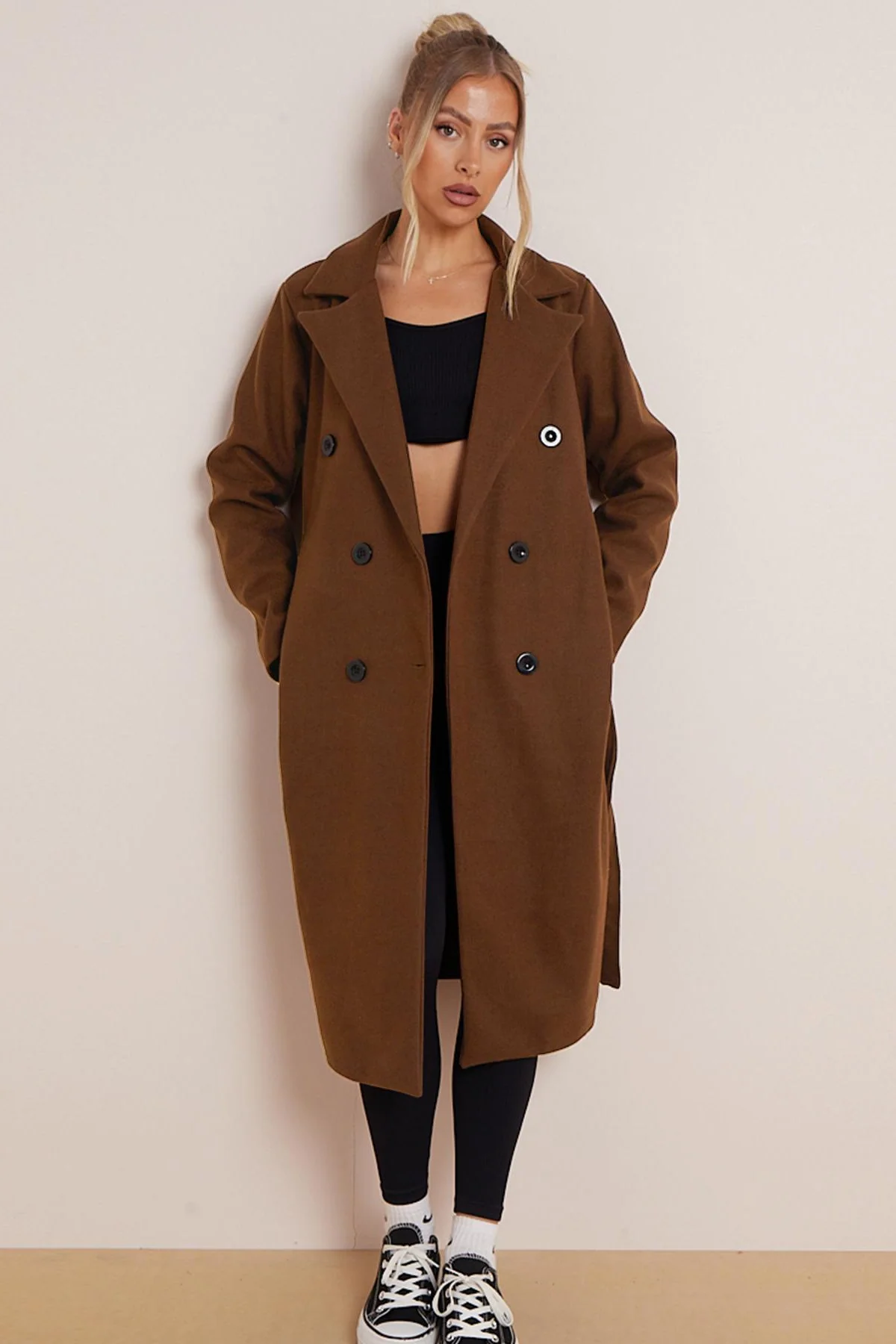 Classy Notch Lapel Double Breasted Waist Tie Thermal Coat - Image 5