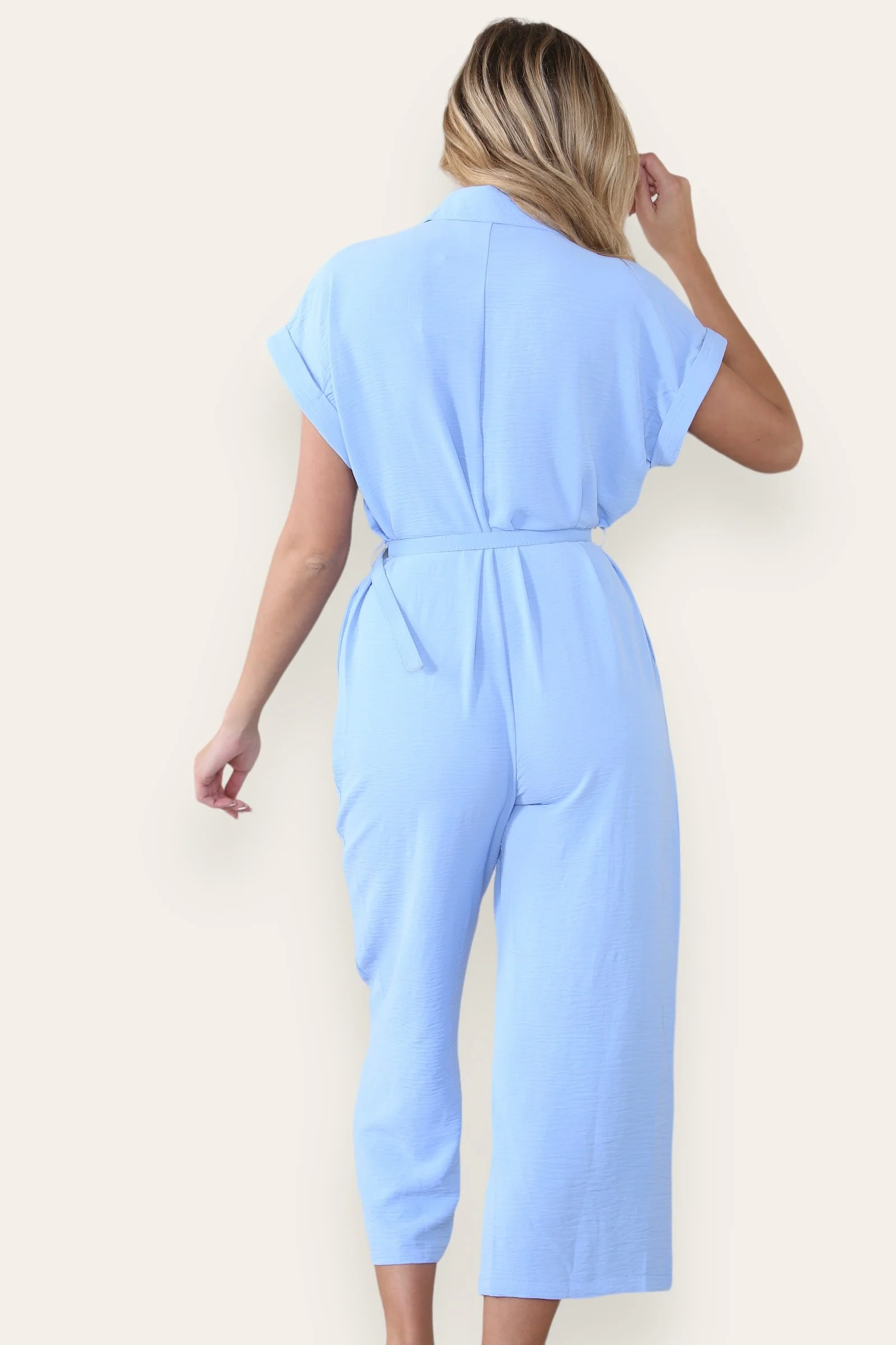 Collared Neck Partial Button Jumpsuit With Matching Belt - Image 3