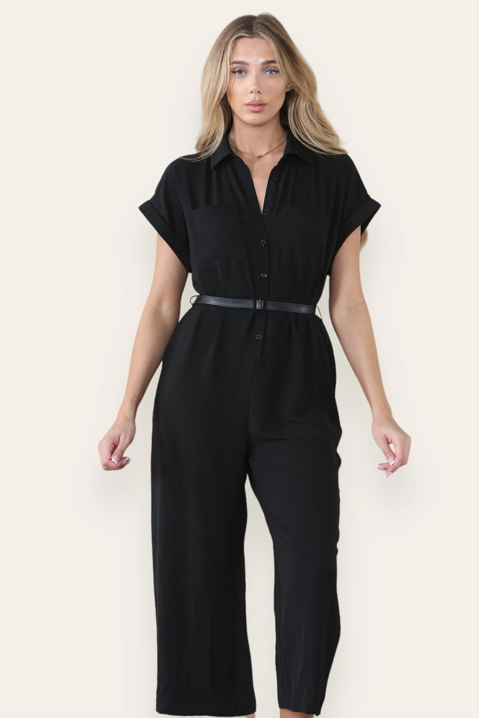 Collared Neck Partial Button Jumpsuit With Matching Belt - Image 4