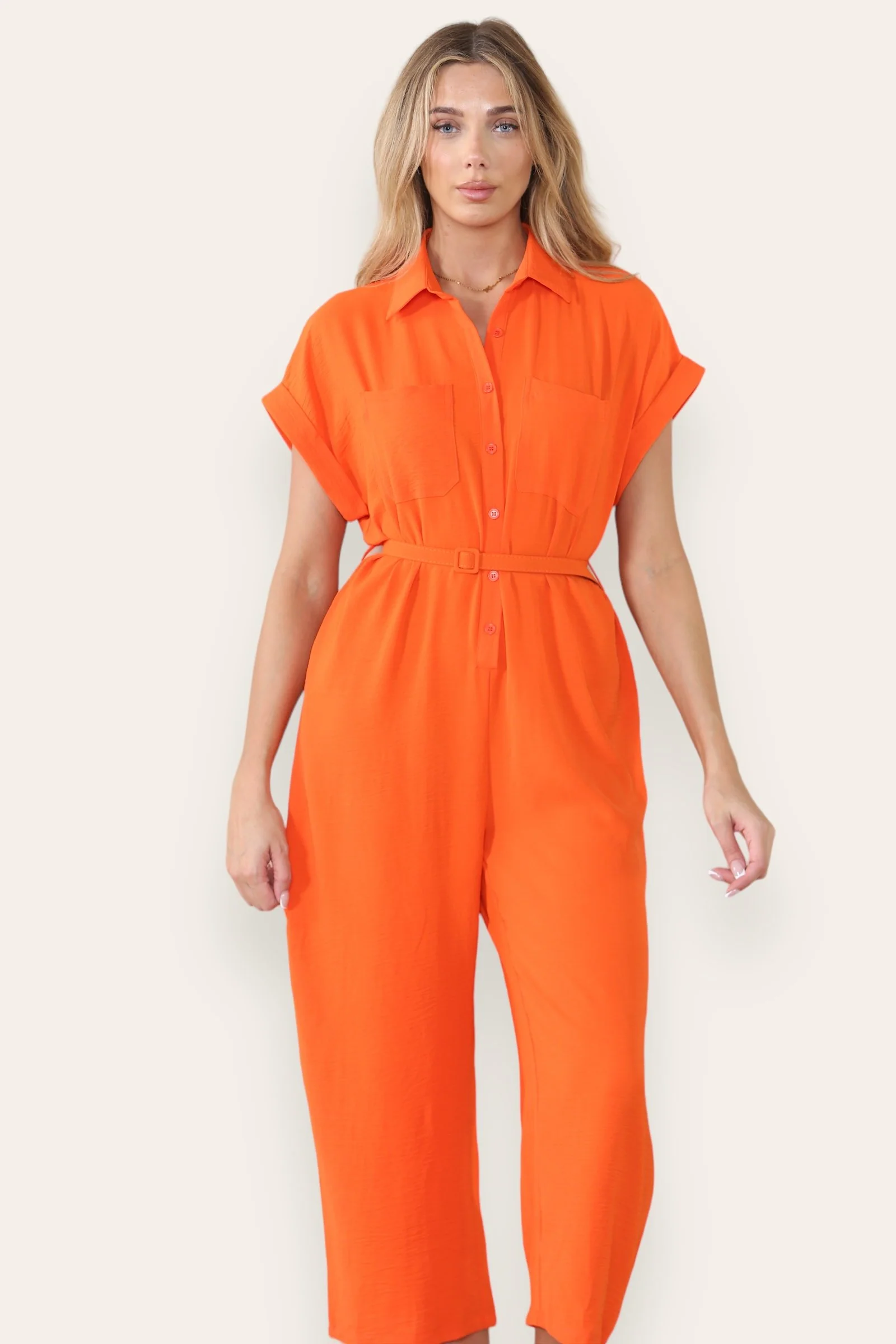 Collared Neck Partial Button Jumpsuit With Matching Belt - Image 5