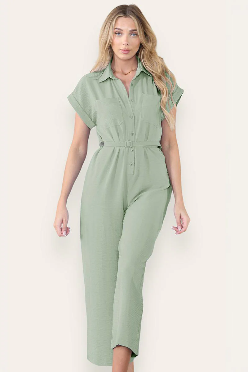 Collared Neck Partial Button Jumpsuit With Matching Belt - Image 6