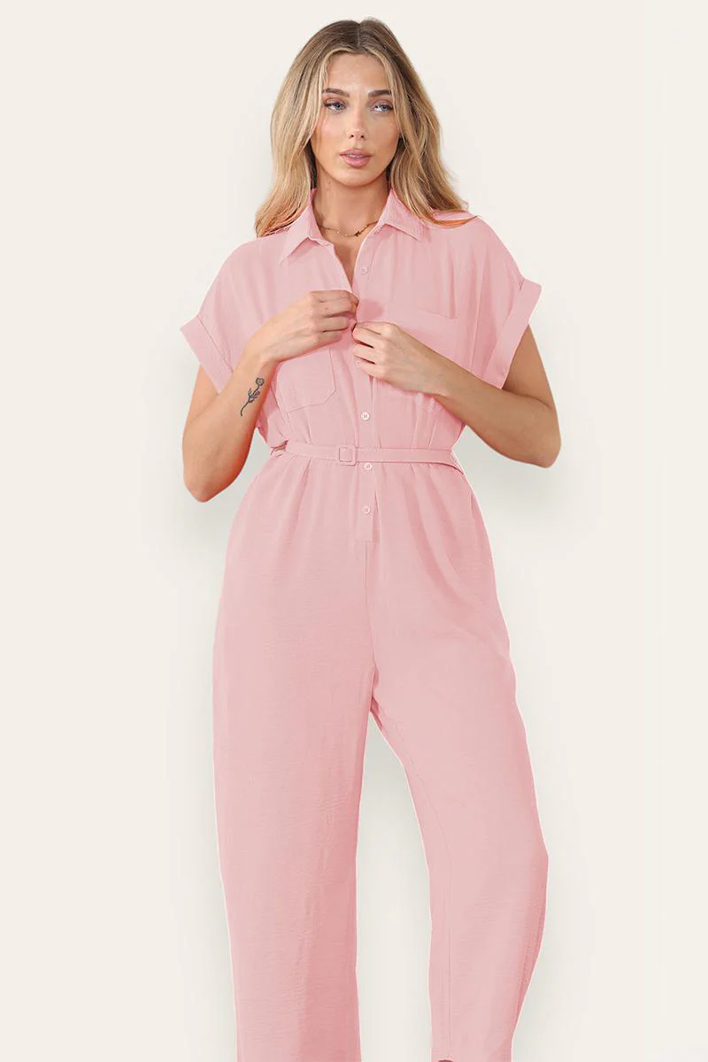 Collared Neck Partial Button Jumpsuit With Matching Belt - Image 7