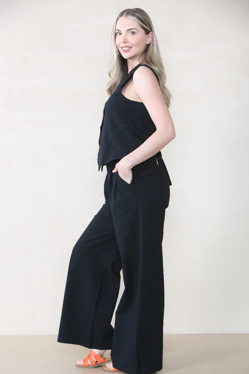 Commuter V Neck Sleeveless Button Top & Wide Leg Trousers Co-ord - Image 3