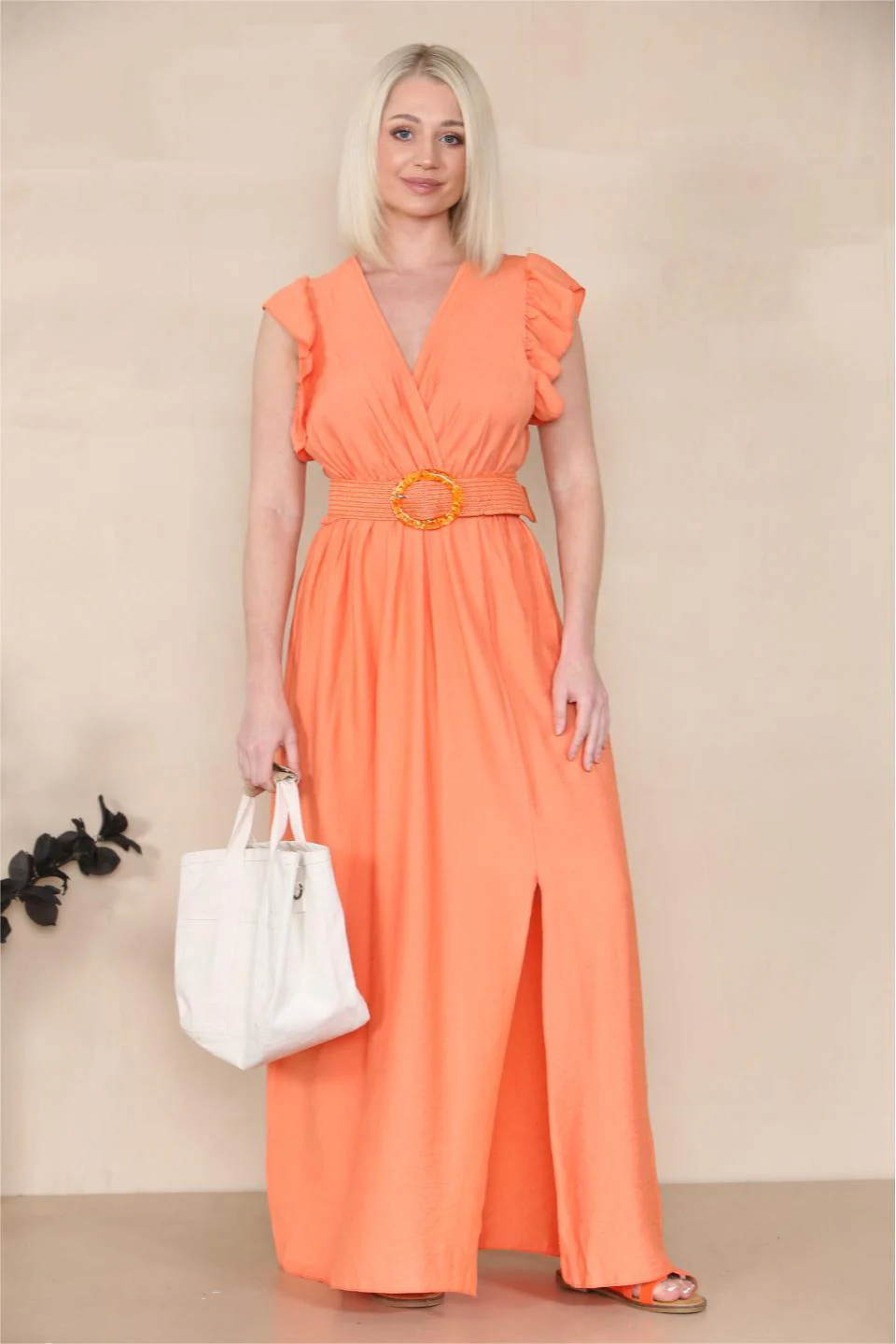 Elegant Solid V Neck Puff Sleeve Tie-Up Slit Maxi Dress - Image 3