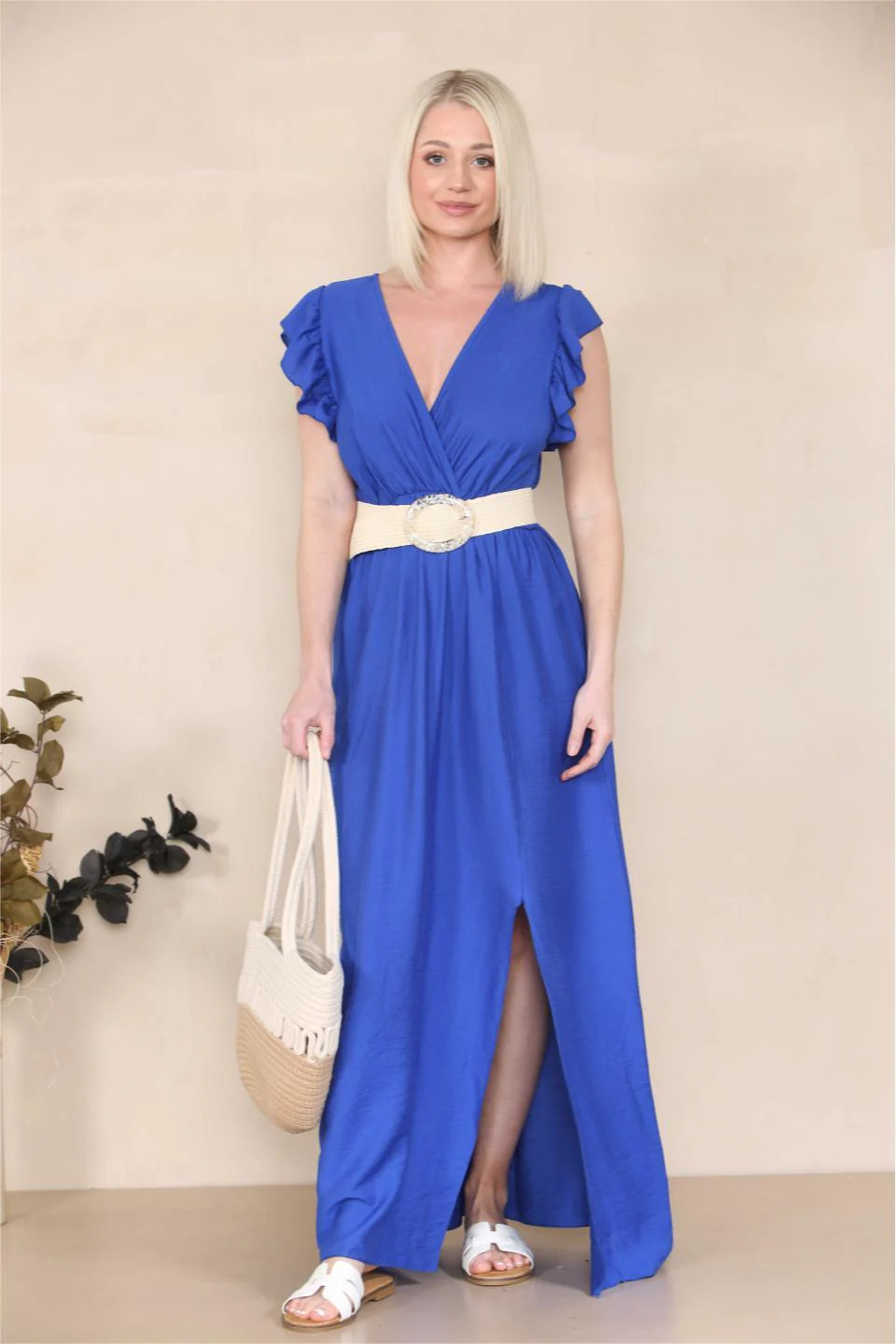 Elegant Solid V Neck Puff Sleeve Tie-Up Slit Maxi Dress - Image 4