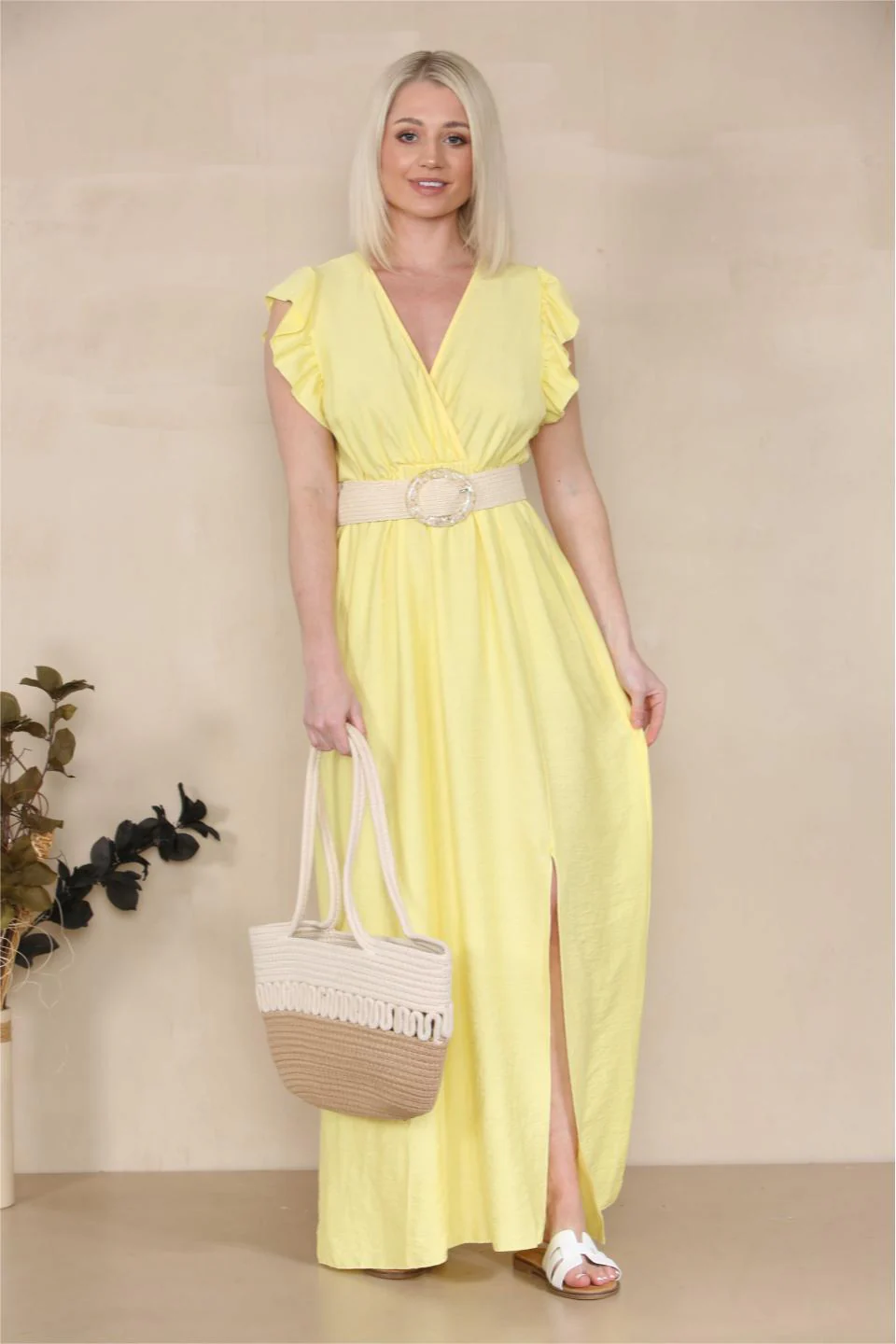 Elegant Solid V Neck Puff Sleeve Tie-Up Slit Maxi Dress - Image 5