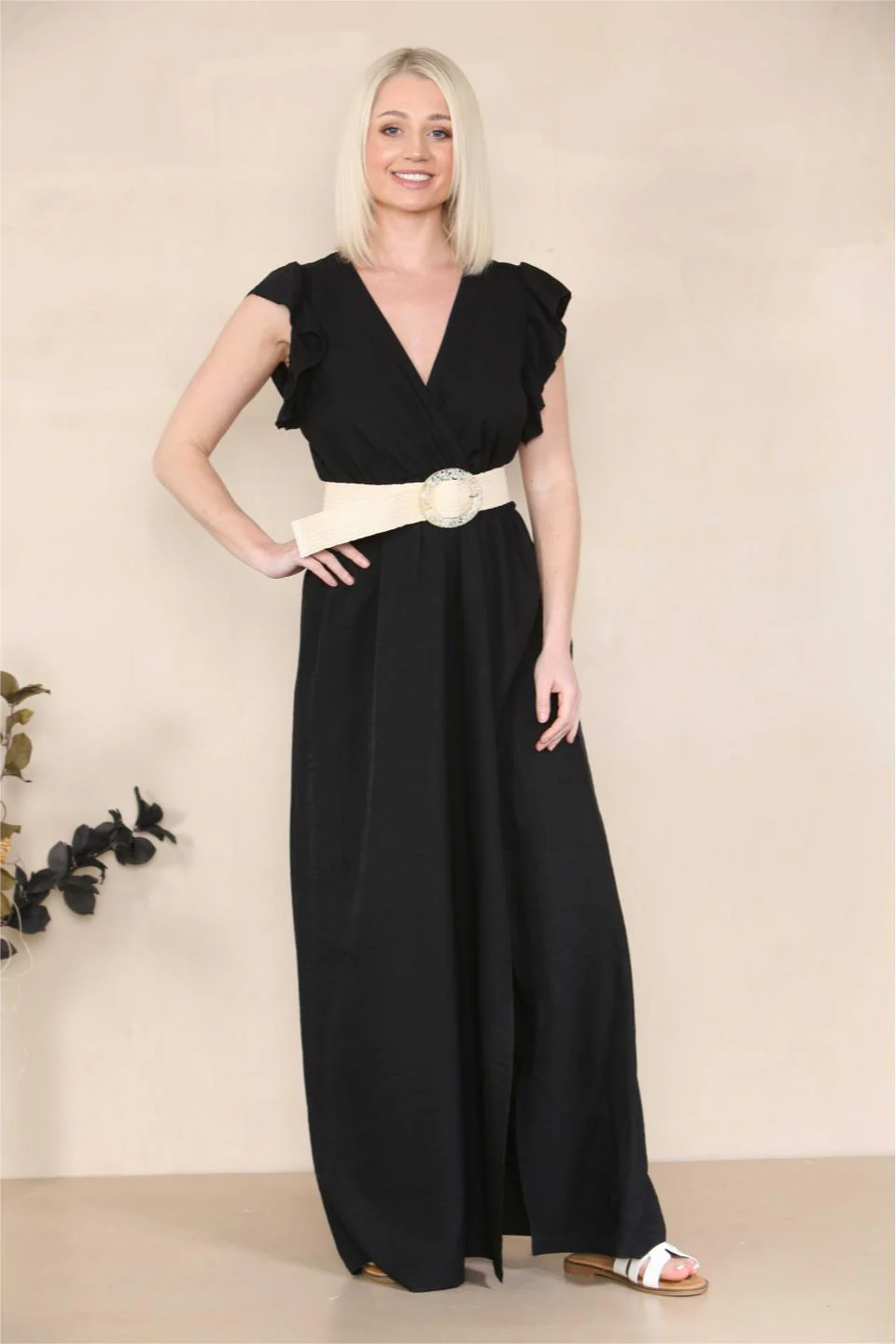Elegant Solid V Neck Puff Sleeve Tie-Up Slit Maxi Dress - Image 6