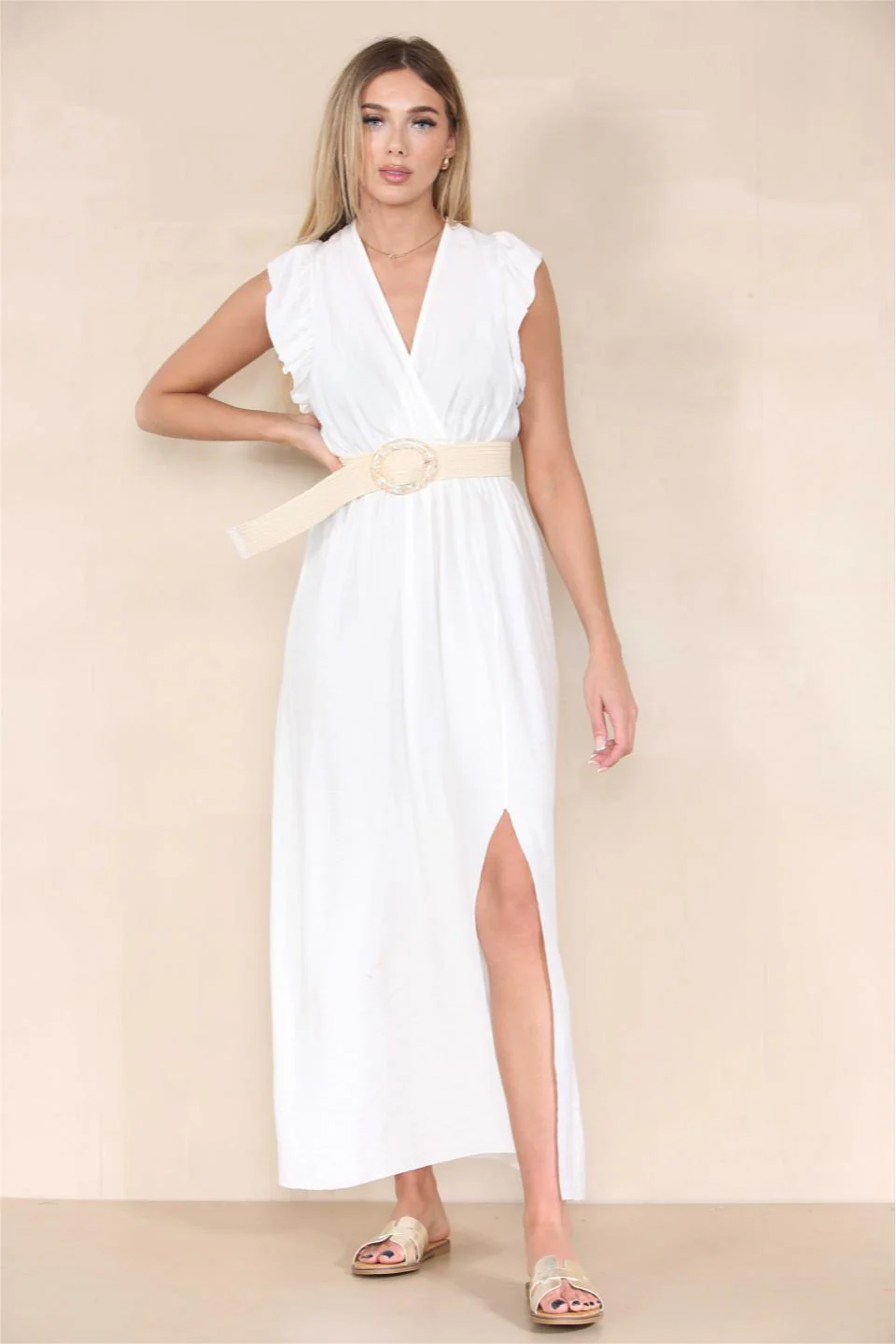 Elegant Solid V Neck Puff Sleeve Tie-Up Slit Maxi Dress - Image 7