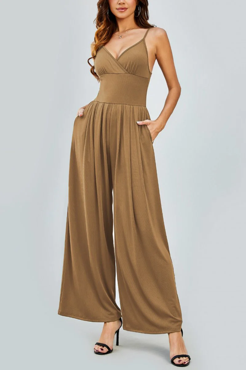 Elegant Spaghetti Strap Thin Waist Wide Leg Jumpsuit - Image 3
