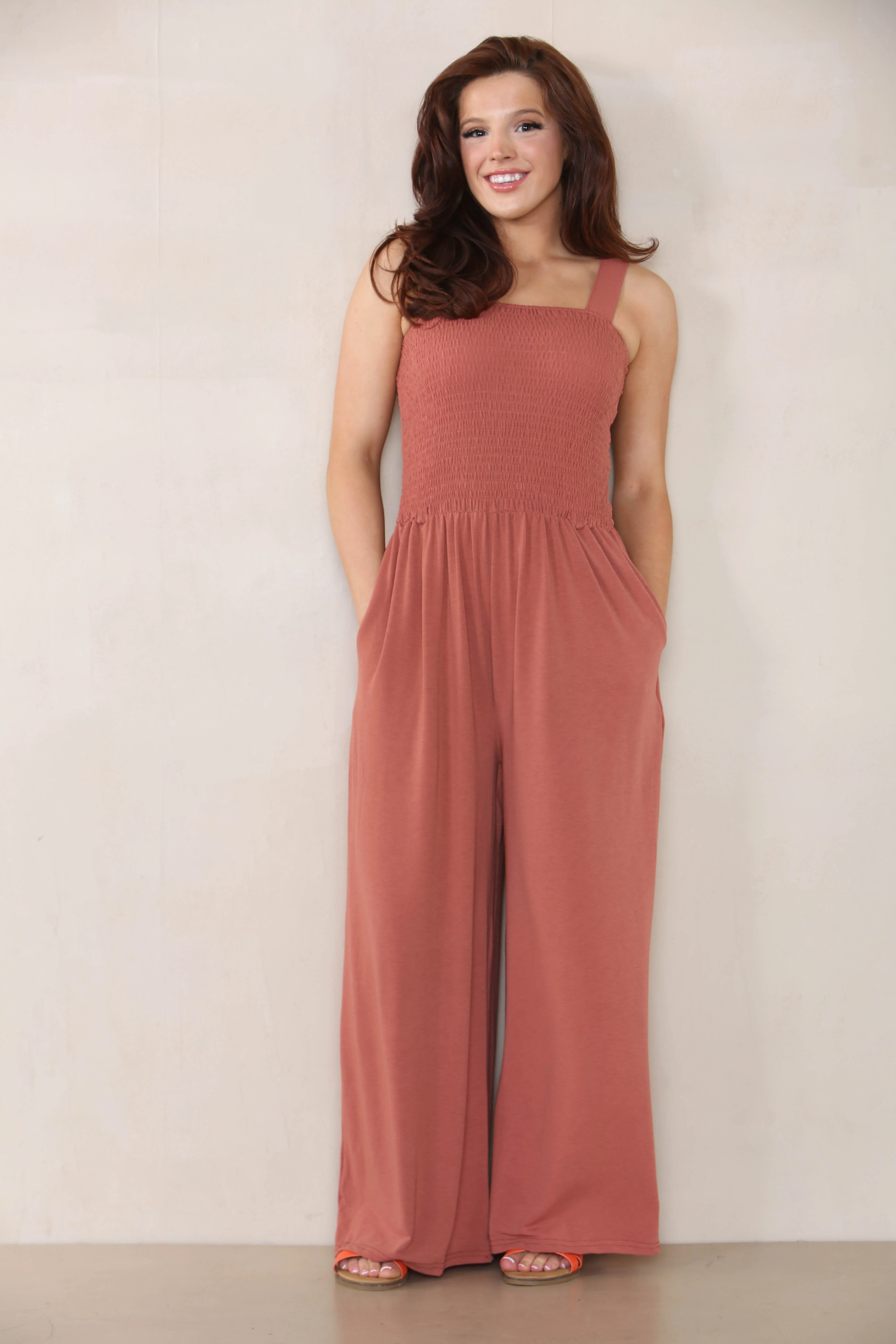 Elegant Thick Strap Ruched Pocket Wide Leg Jumpsuit - Image 5