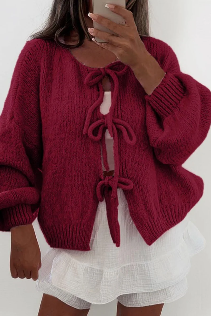 KatchMe Women's Slouchy Solid Color Tie Front Drop Shoulder Lightweight Cardigan,Fashion Ladies' Knit Clothing for Daily Wear,Long Sleeve Cardigans for Fall & Winter - Image 3