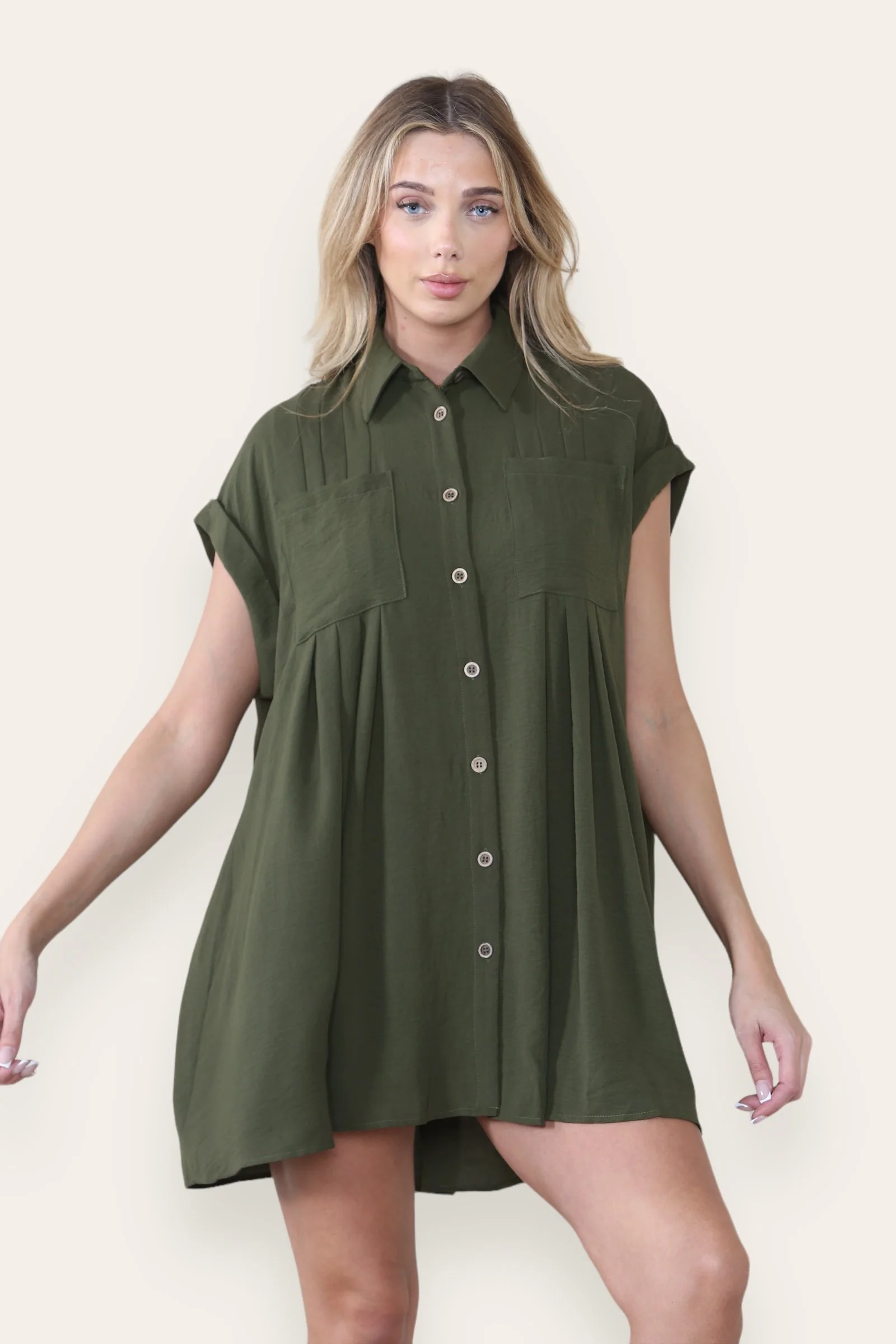 Leisure Collared Short Sleeve Button-Up Ruched Shirtdress - Image 3