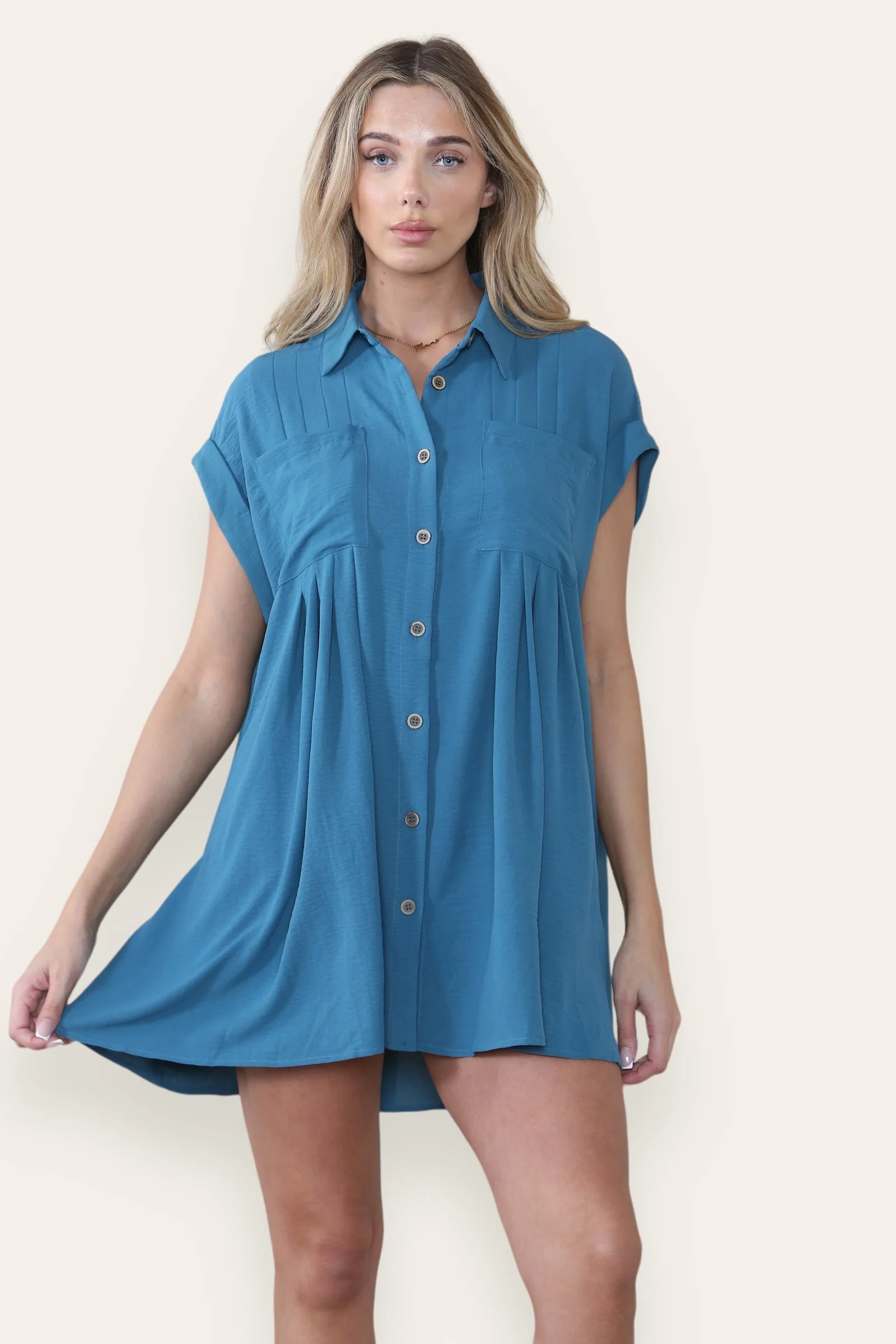 Leisure Collared Short Sleeve Button-Up Ruched Shirtdress - Image 6