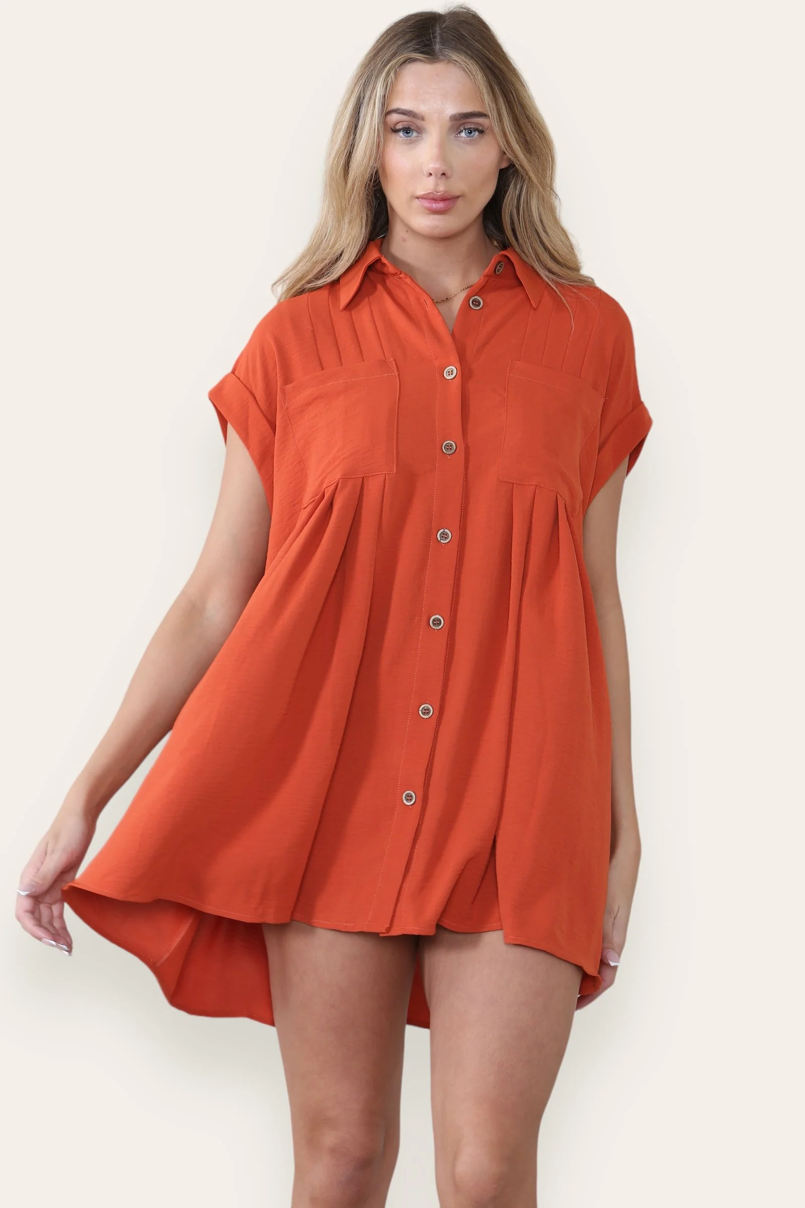 Leisure Collared Short Sleeve Button-Up Ruched Shirtdress - Image 7