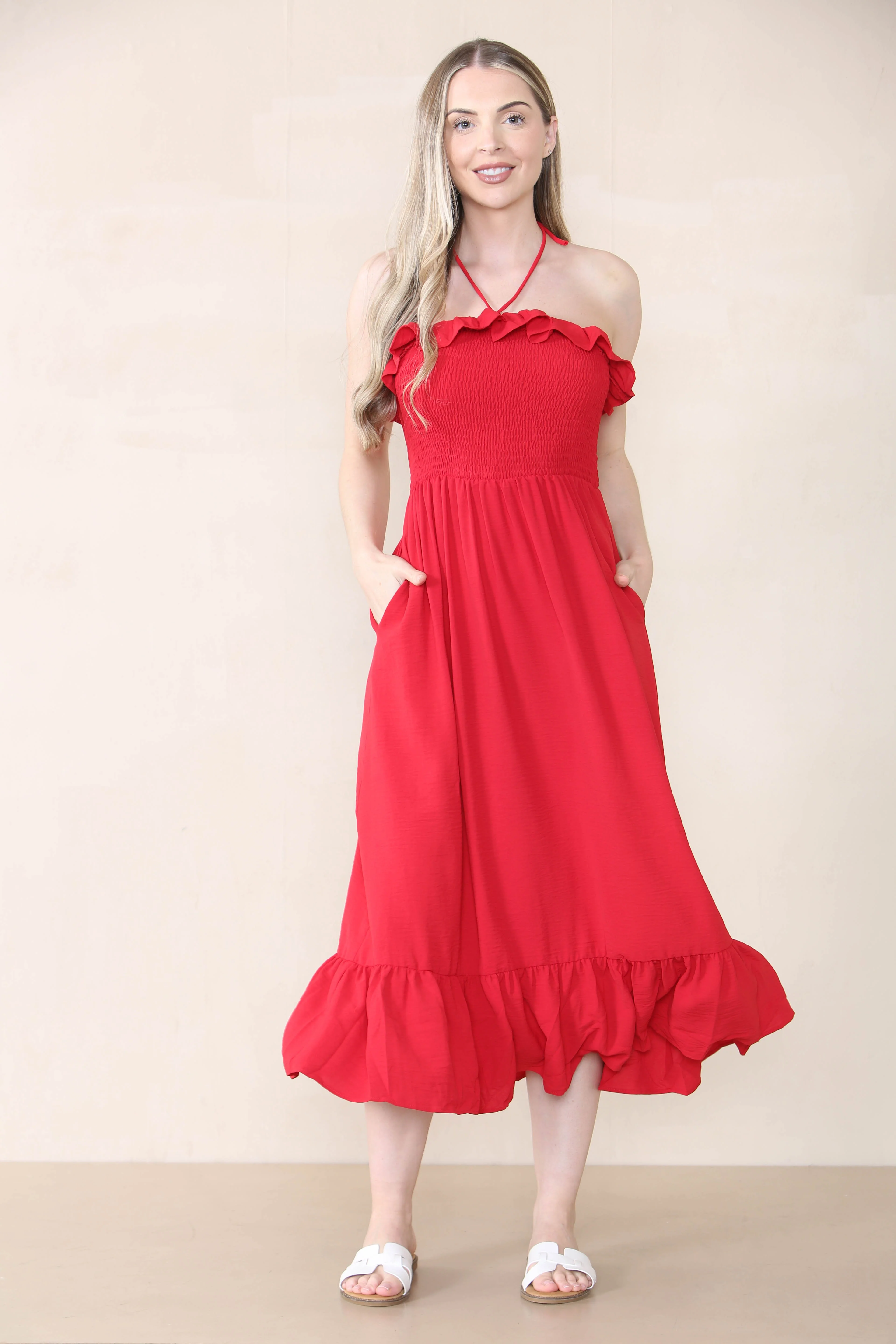 Lovely Plain Sleeveless Frill Front Tie Pleated Maxi Dress - Image 11