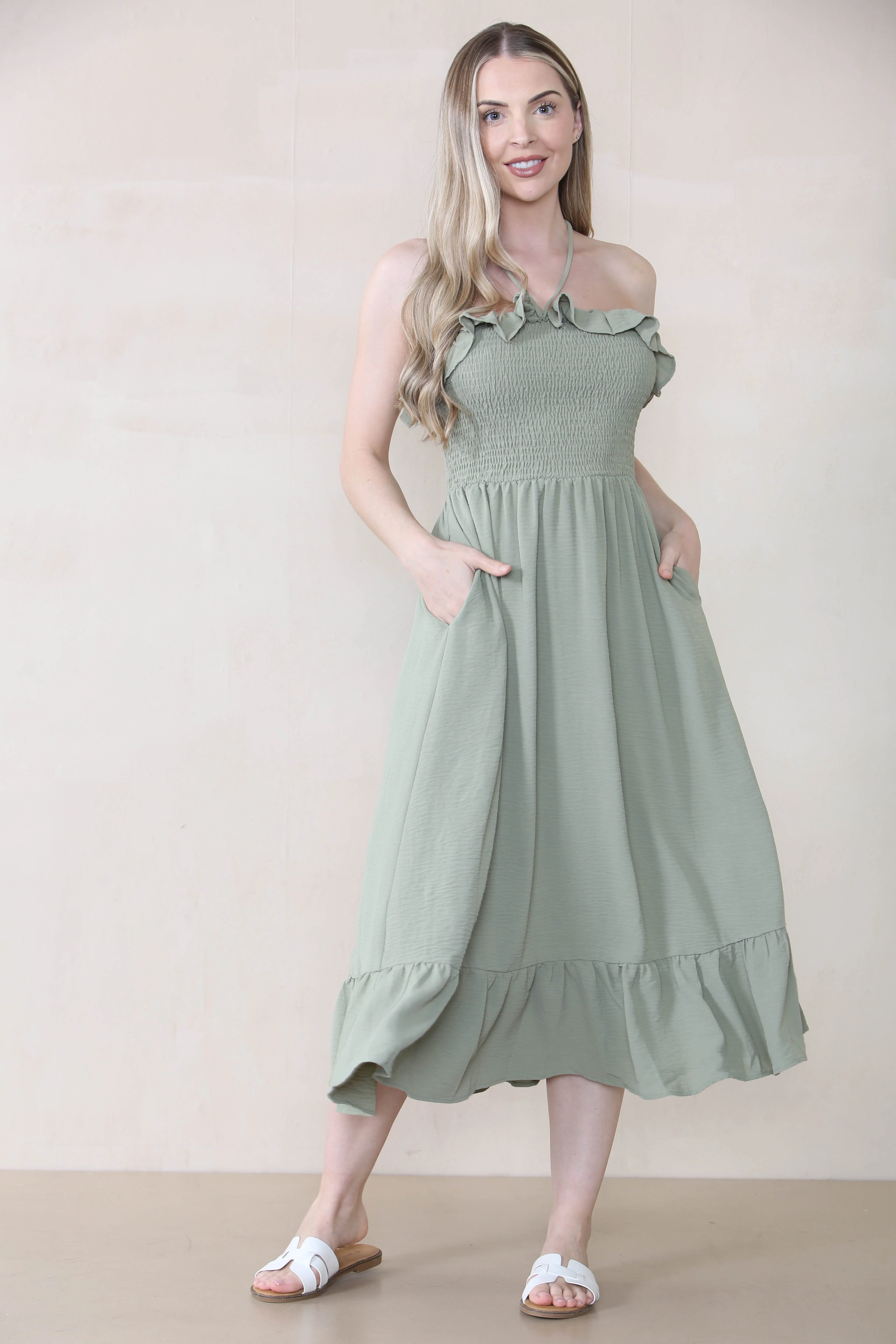 Lovely Plain Sleeveless Frill Front Tie Pleated Maxi Dress - Image 13