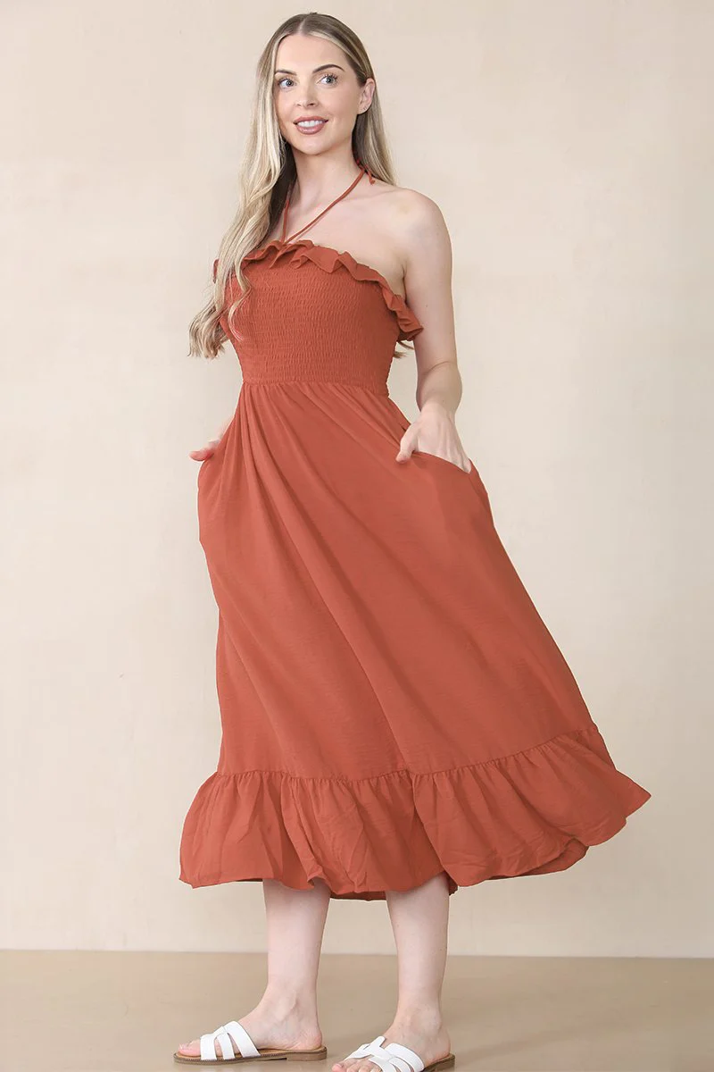 Lovely Plain Sleeveless Frill Front Tie Pleated Maxi Dress - Image 3