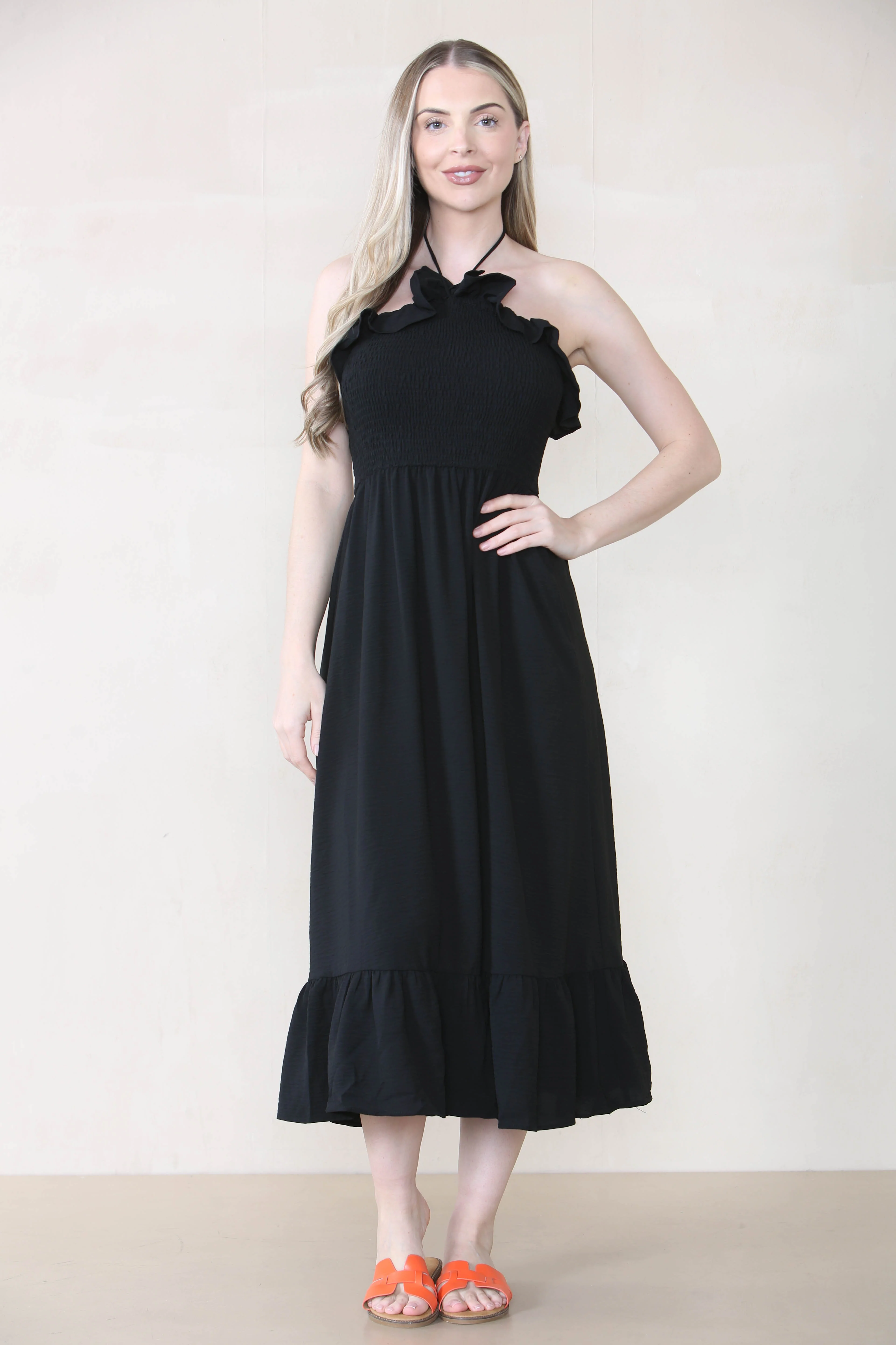 Lovely Plain Sleeveless Frill Front Tie Pleated Maxi Dress - Image 4