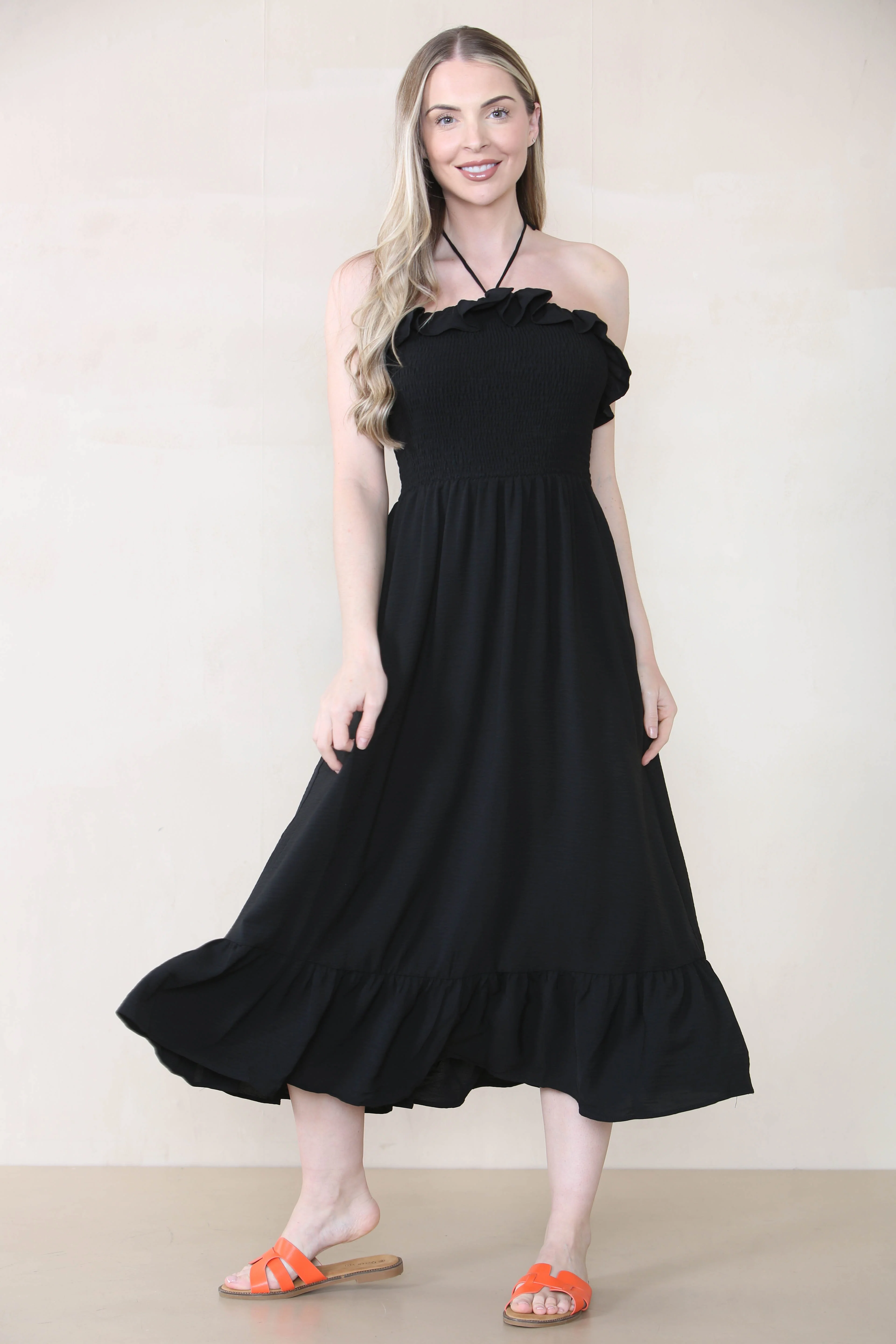 Lovely Plain Sleeveless Frill Front Tie Pleated Maxi Dress - Image 5