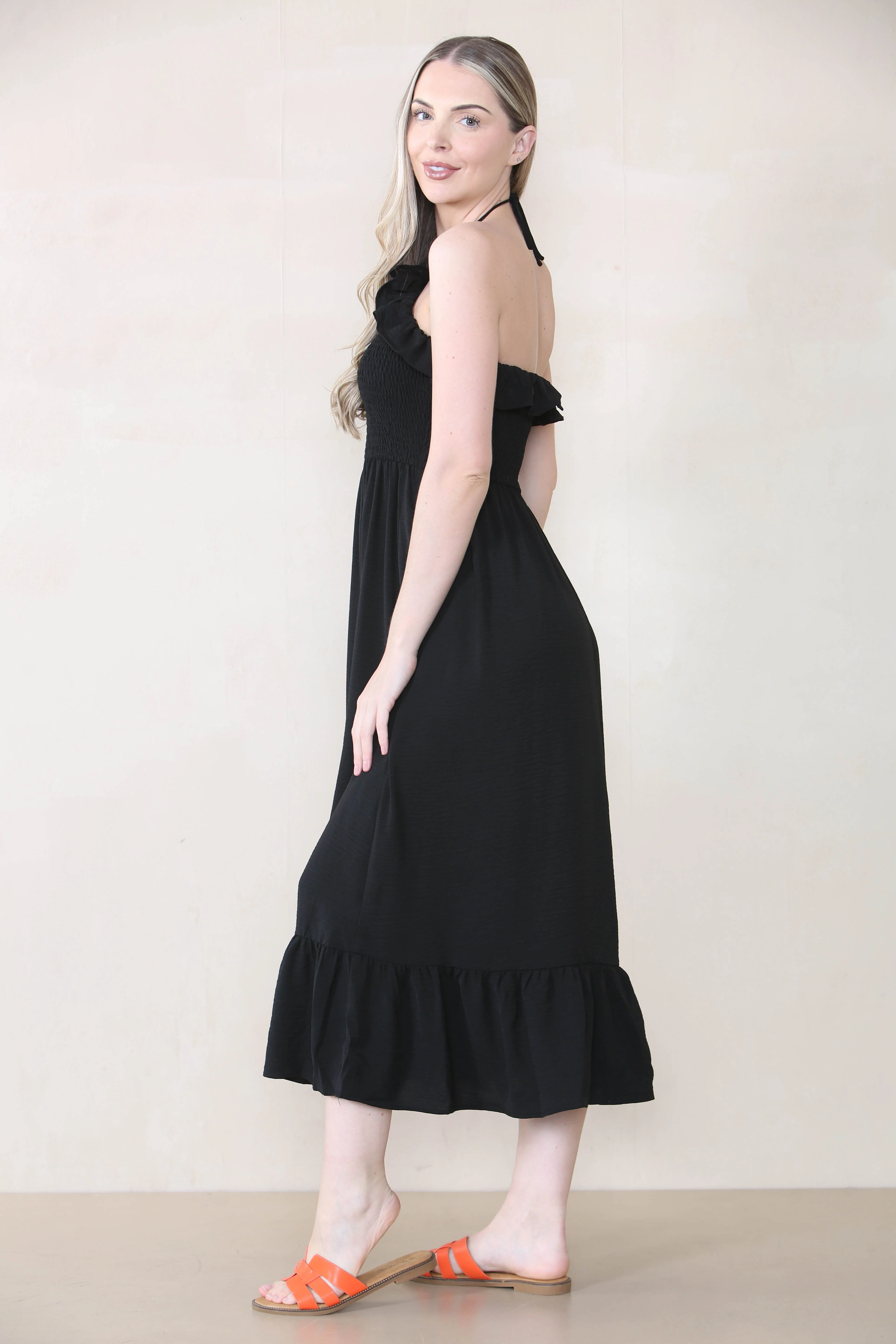 Lovely Plain Sleeveless Frill Front Tie Pleated Maxi Dress - Image 6