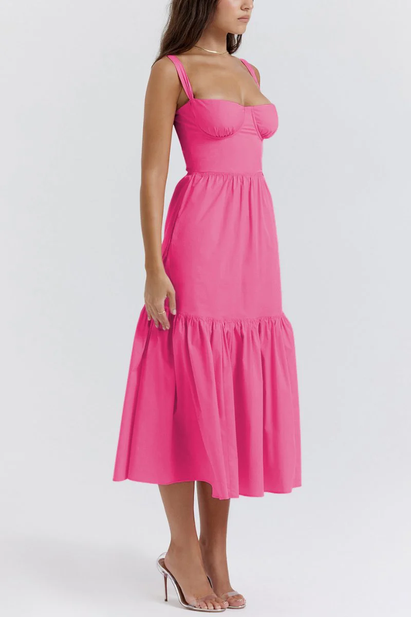 Lovely Thick Strap Pleated Pocket Slim Midi Dress - Image 3