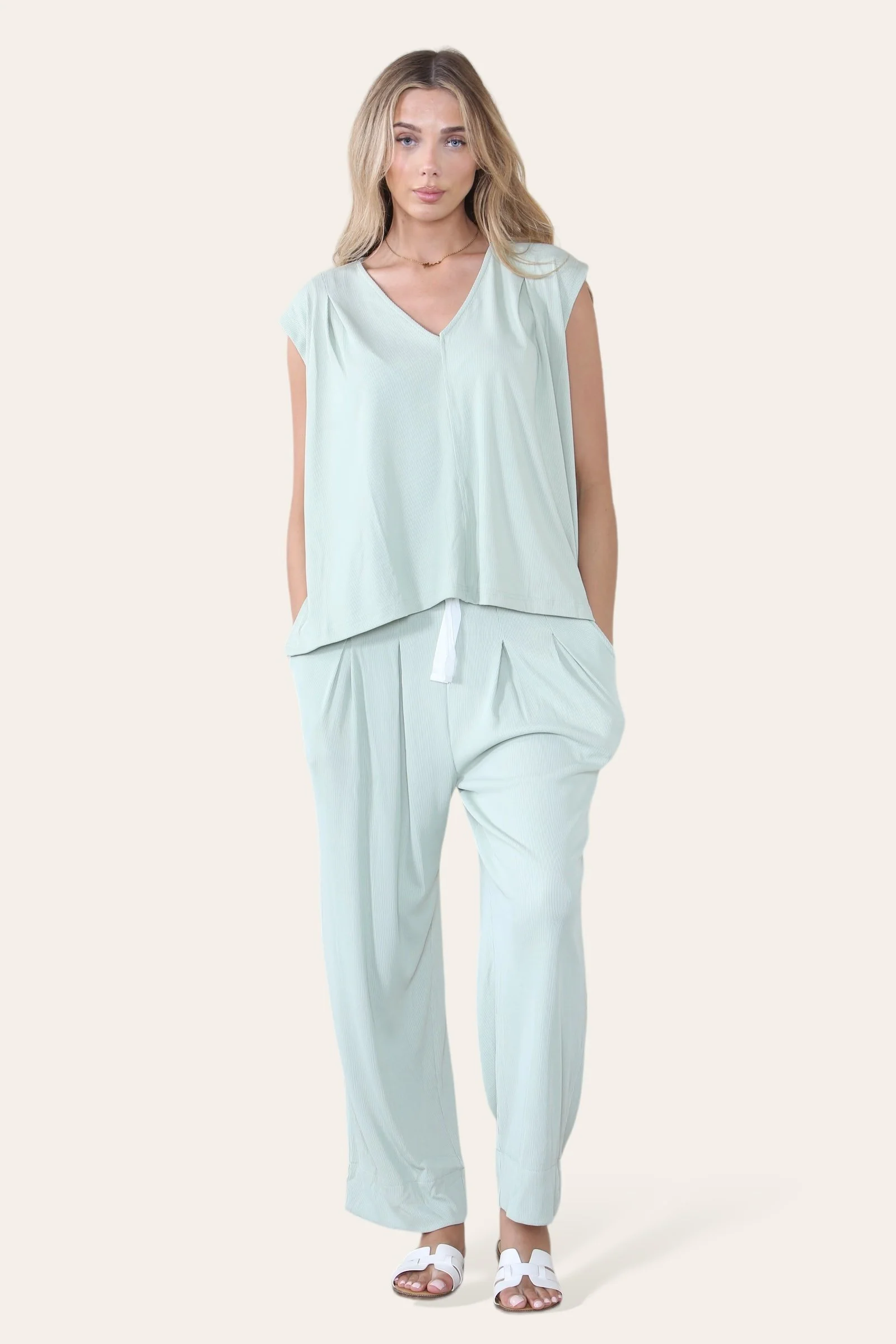 Minimalist V Neck Sleeveless Top & Drawstring Trousers Co-ord - Image 4