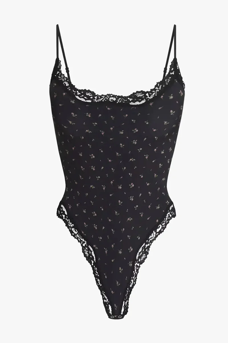 Sexy Solid Color Spaghetti Strap Lace Trim Stretch Bodysuit - Image 10
