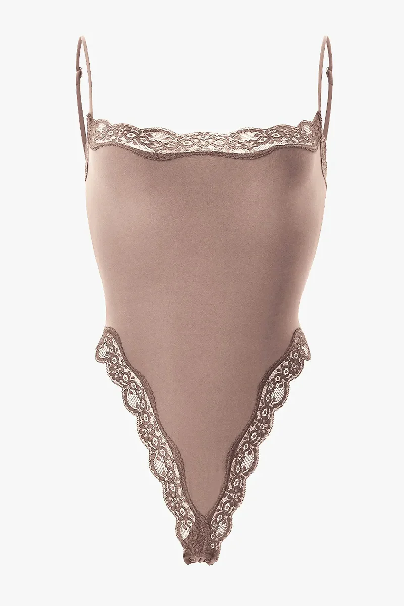 Sexy Solid Color Spaghetti Strap Lace Trim Stretch Bodysuit - Image 11