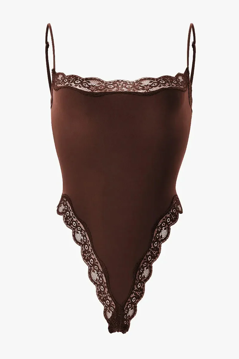 Sexy Solid Color Spaghetti Strap Lace Trim Stretch Bodysuit - Image 12