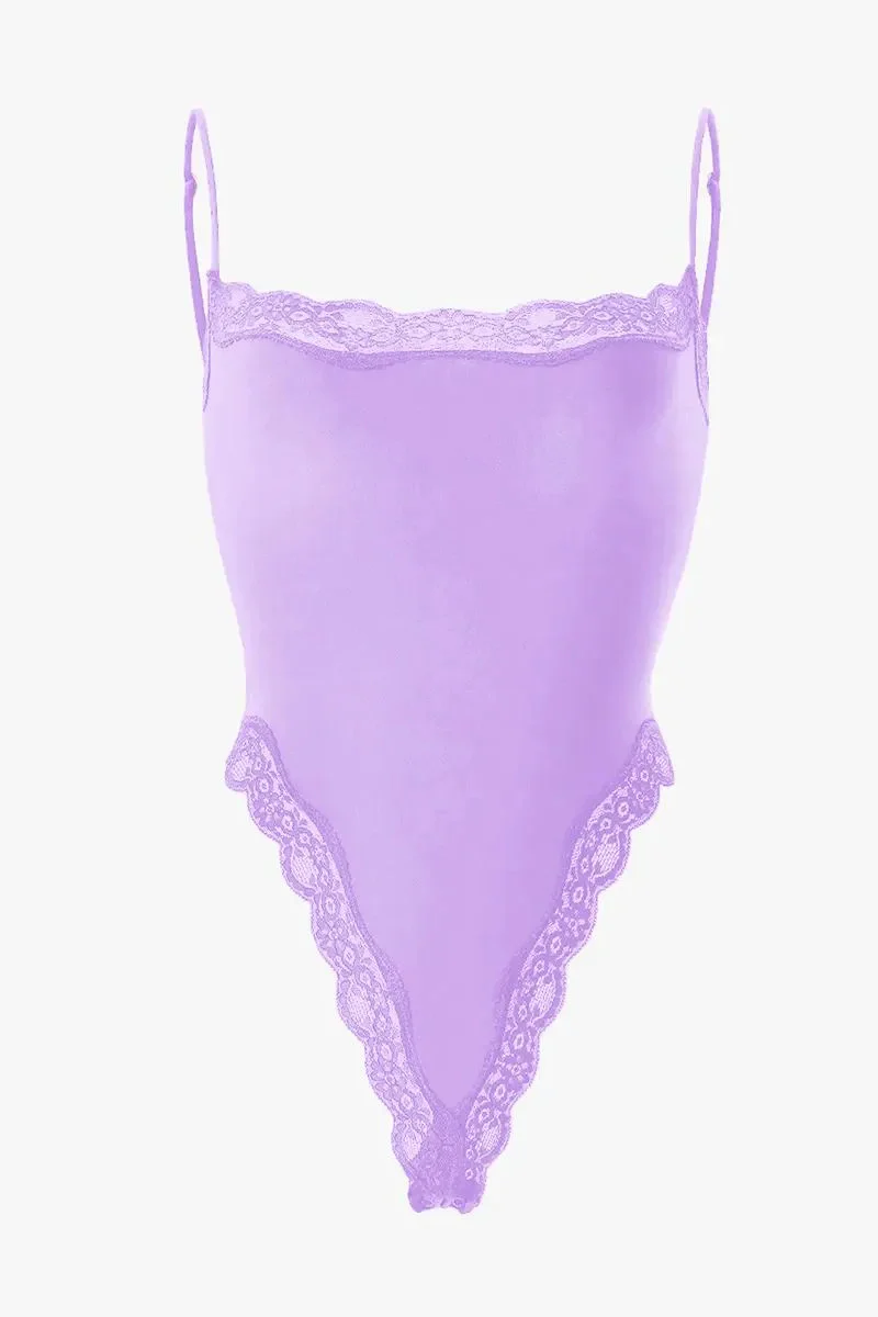 Sexy Solid Color Spaghetti Strap Lace Trim Stretch Bodysuit - Image 14