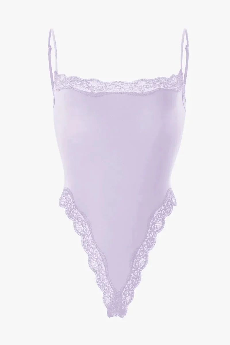Sexy Solid Color Spaghetti Strap Lace Trim Stretch Bodysuit - Image 15