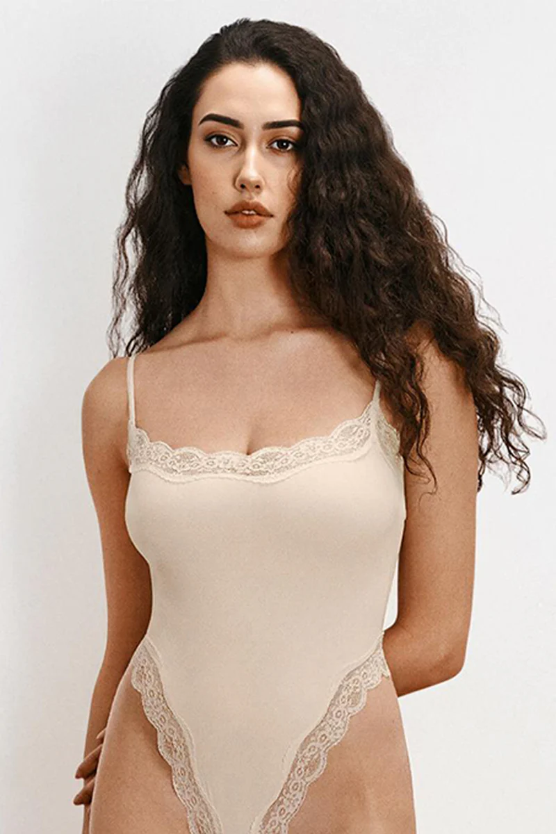 Sexy Solid Color Spaghetti Strap Lace Trim Stretch Bodysuit - Image 3