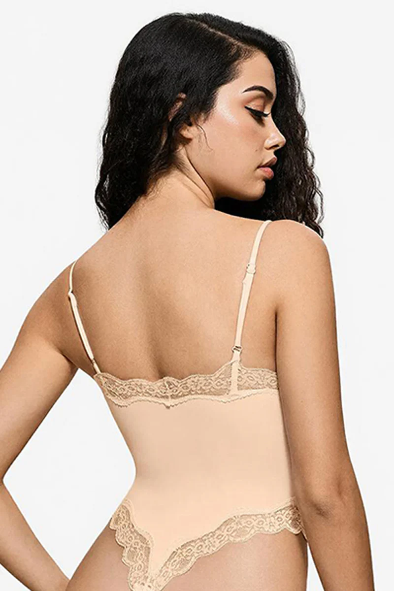 Sexy Solid Color Spaghetti Strap Lace Trim Stretch Bodysuit - Image 4