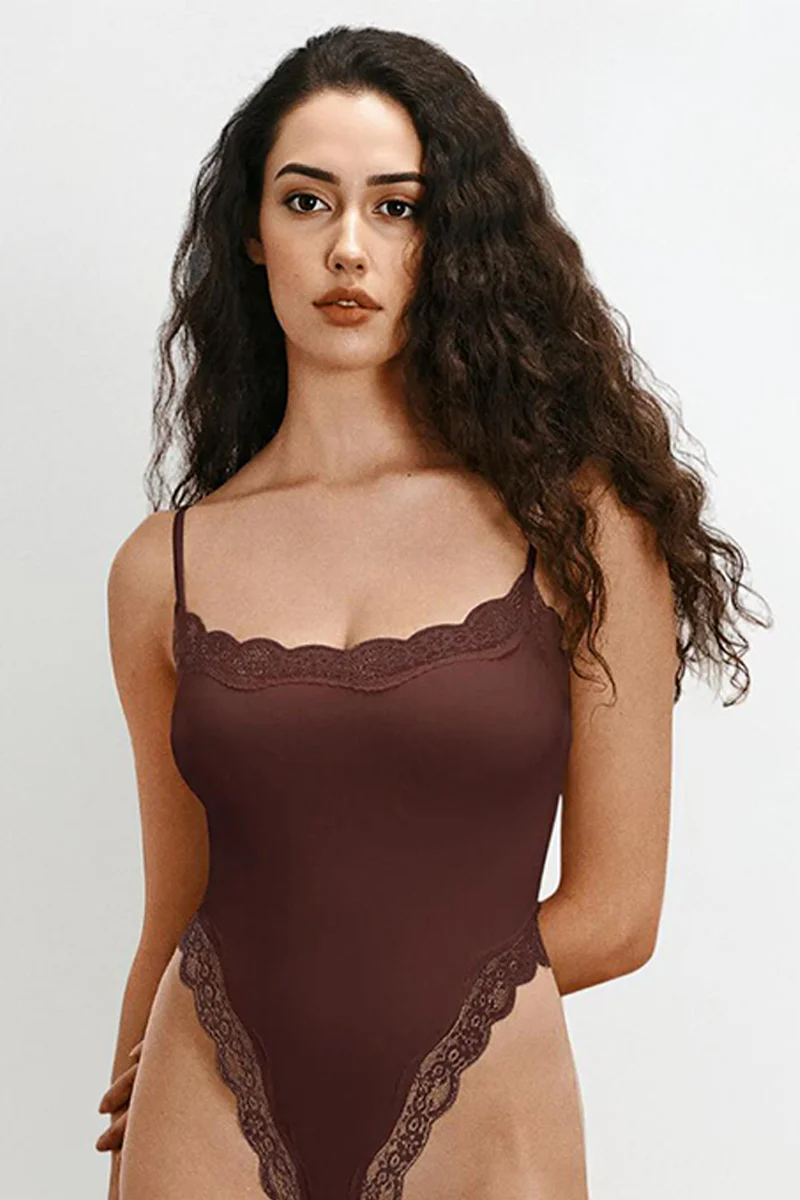 Sexy Solid Color Spaghetti Strap Lace Trim Stretch Bodysuit - Image 5