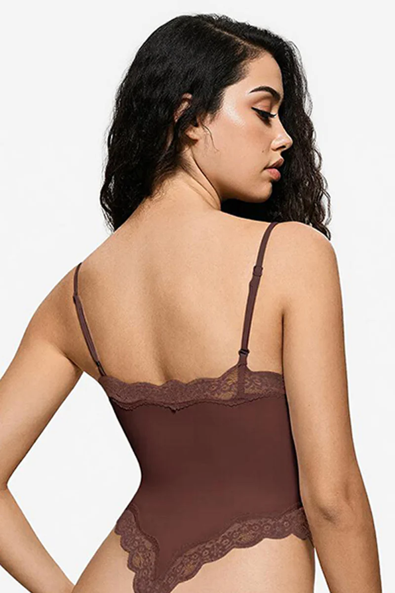 Sexy Solid Color Spaghetti Strap Lace Trim Stretch Bodysuit - Image 6