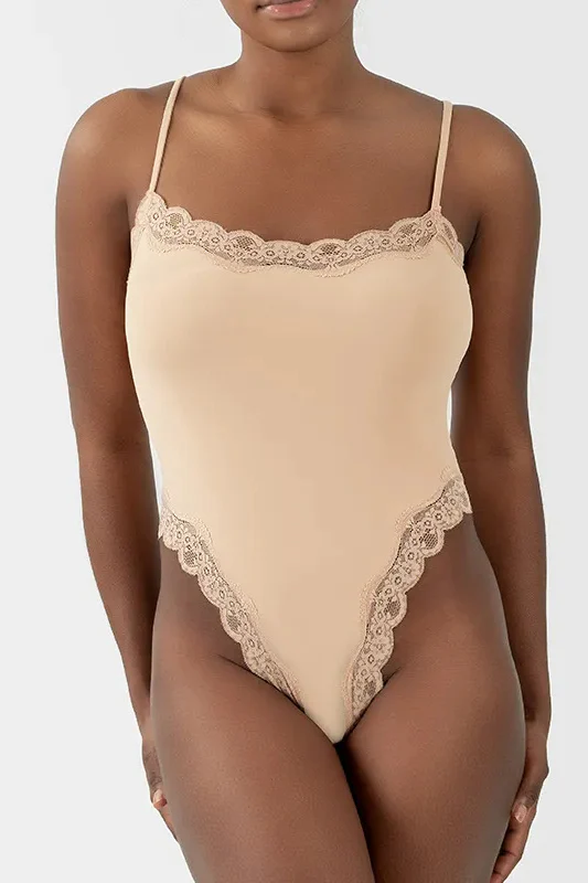Sexy Solid Color Spaghetti Strap Lace Trim Stretch Bodysuit - Image 9