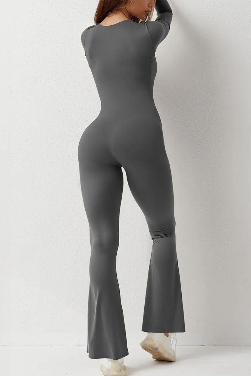 Square Neck Long Sleeve Seamless Shaping Flared Jumpsuit - Image 5