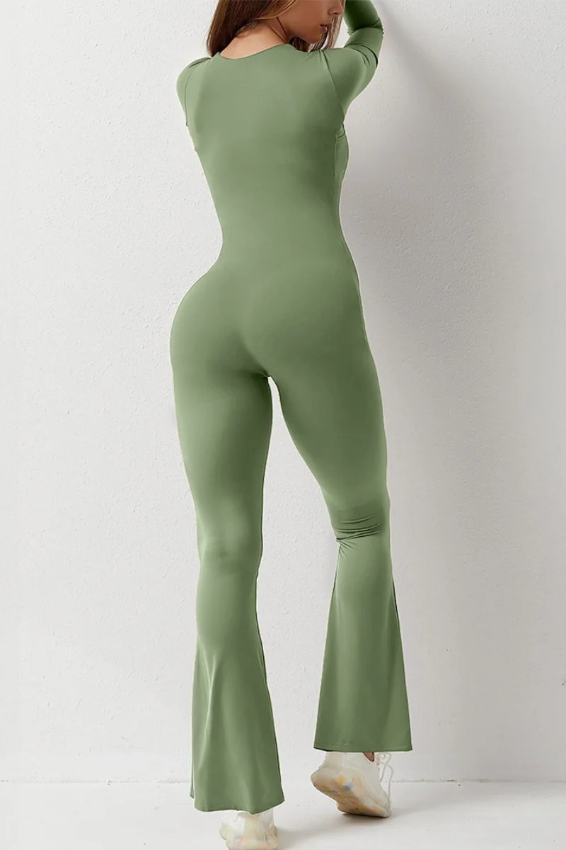 Square Neck Long Sleeve Seamless Shaping Flared Jumpsuit - Image 8