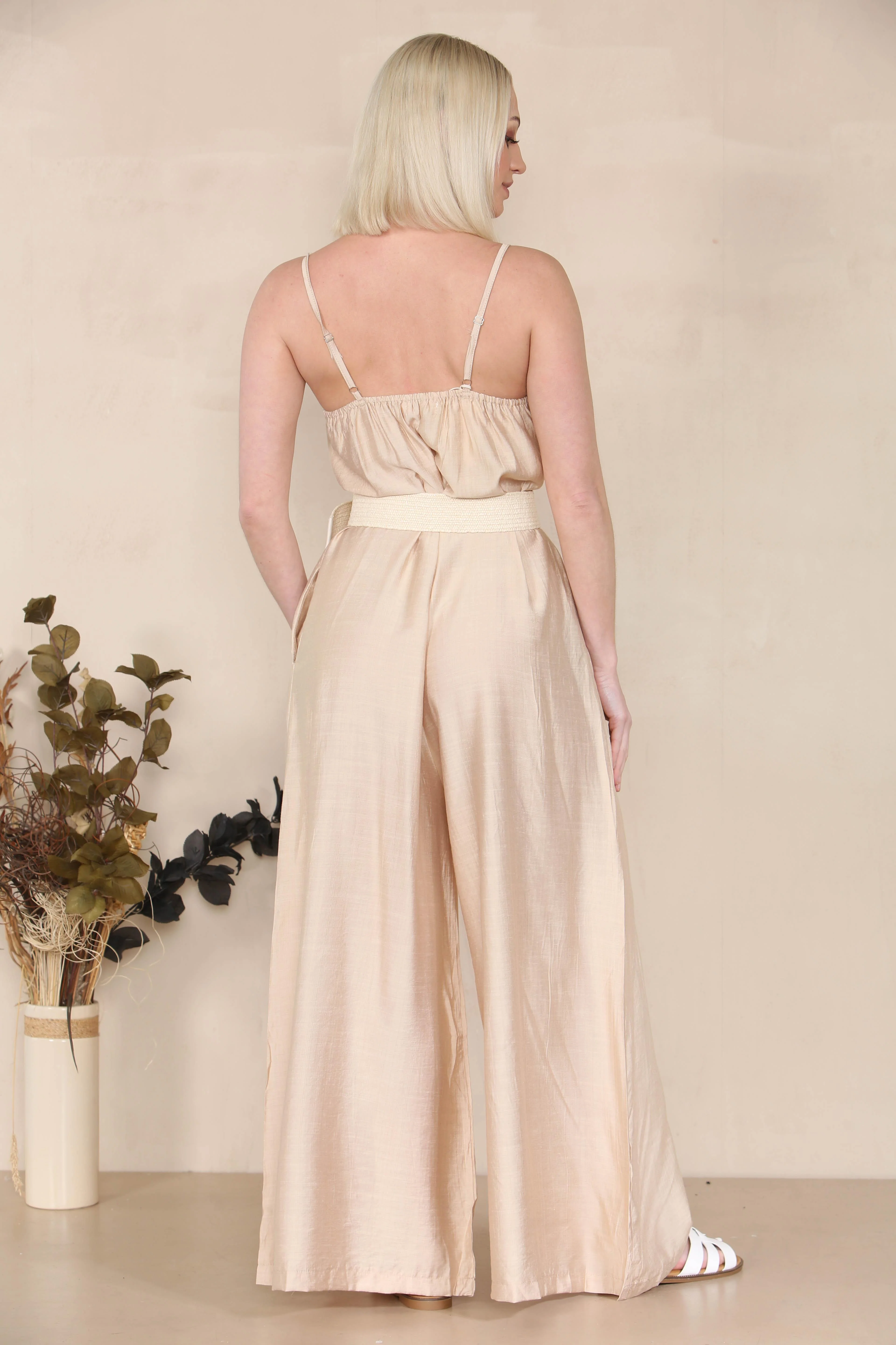 Trendy Solid Spaghetti Strap Ruched Wide Leg Jumpsuit - Image 3